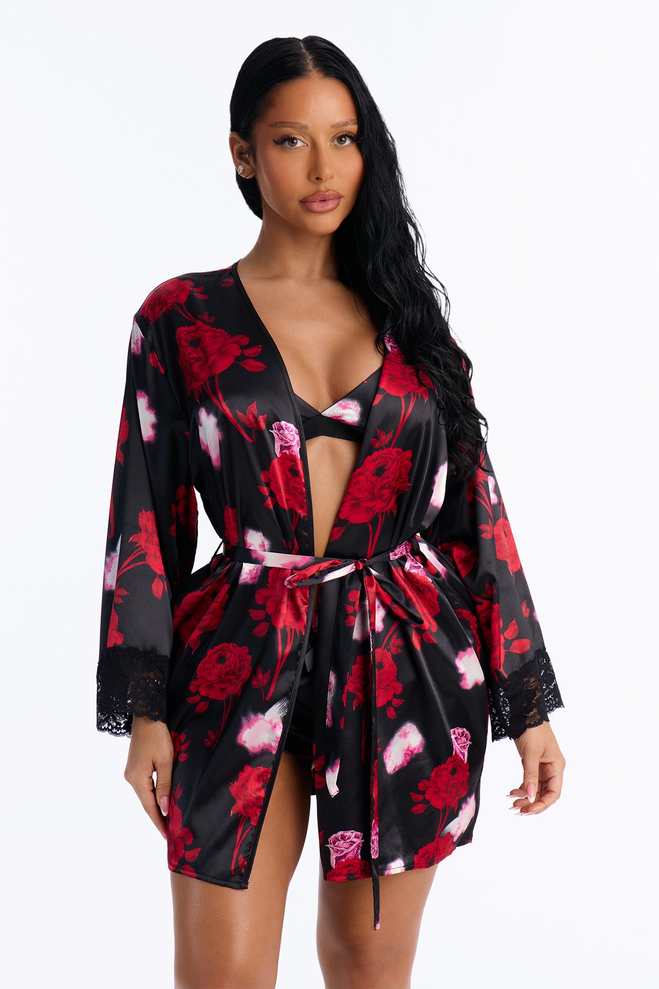 Petal Power Satin 3 Piece Robe Set - Black/combo