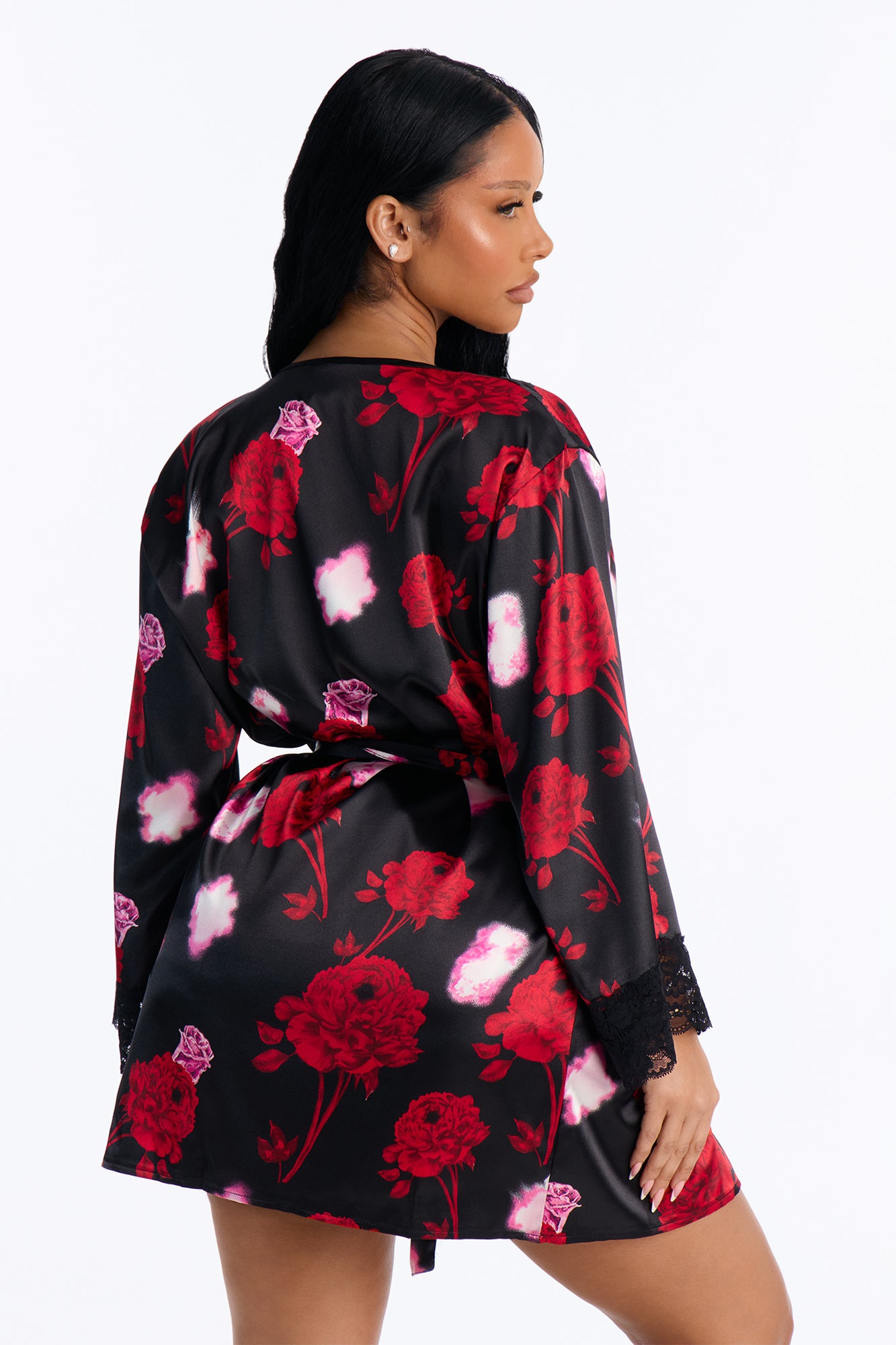 Petal Power Satin 3 Piece Robe Set - Black/combo