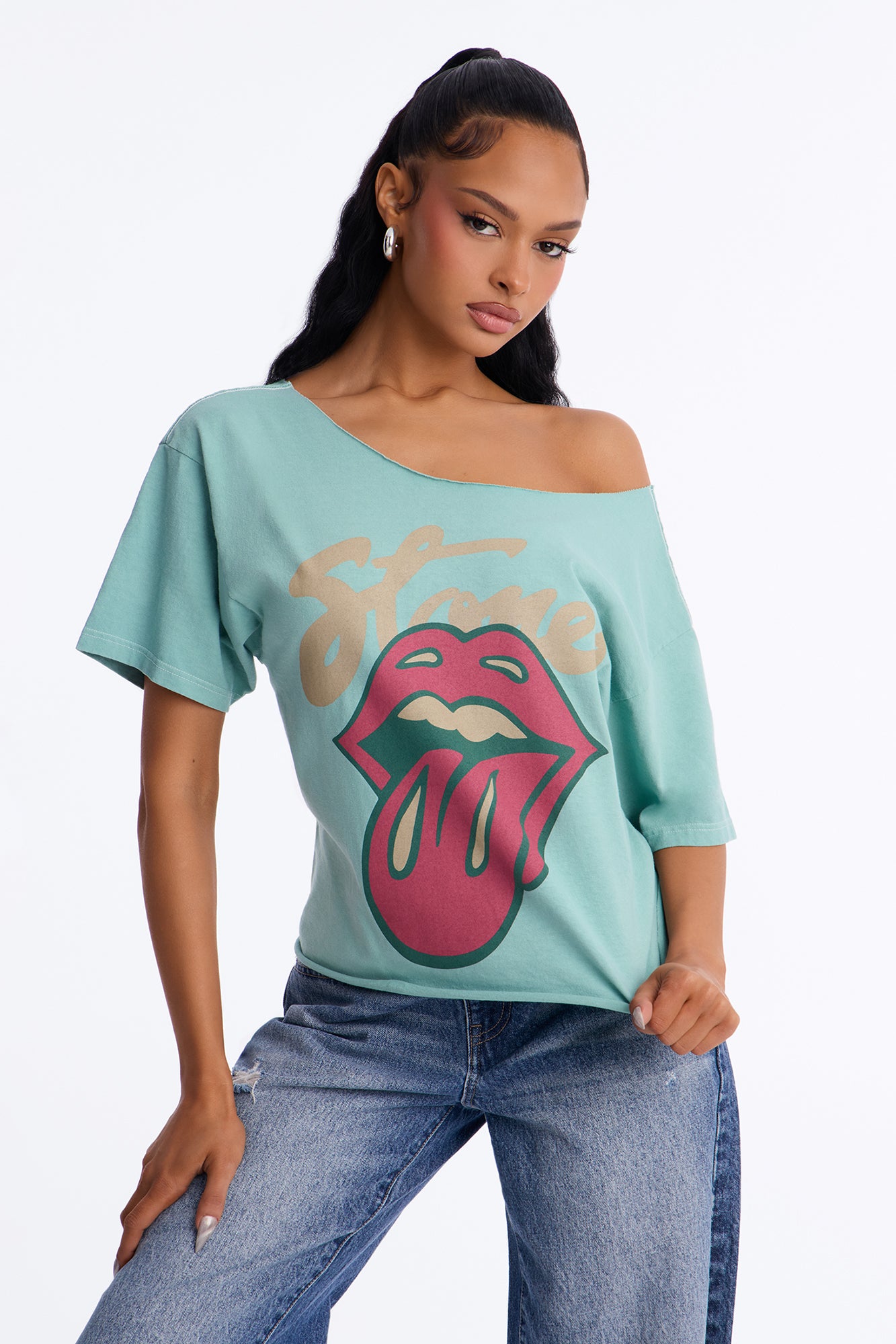 Rolling Stones Hot Lips Off Shoulder Cropped Tee - Aqua