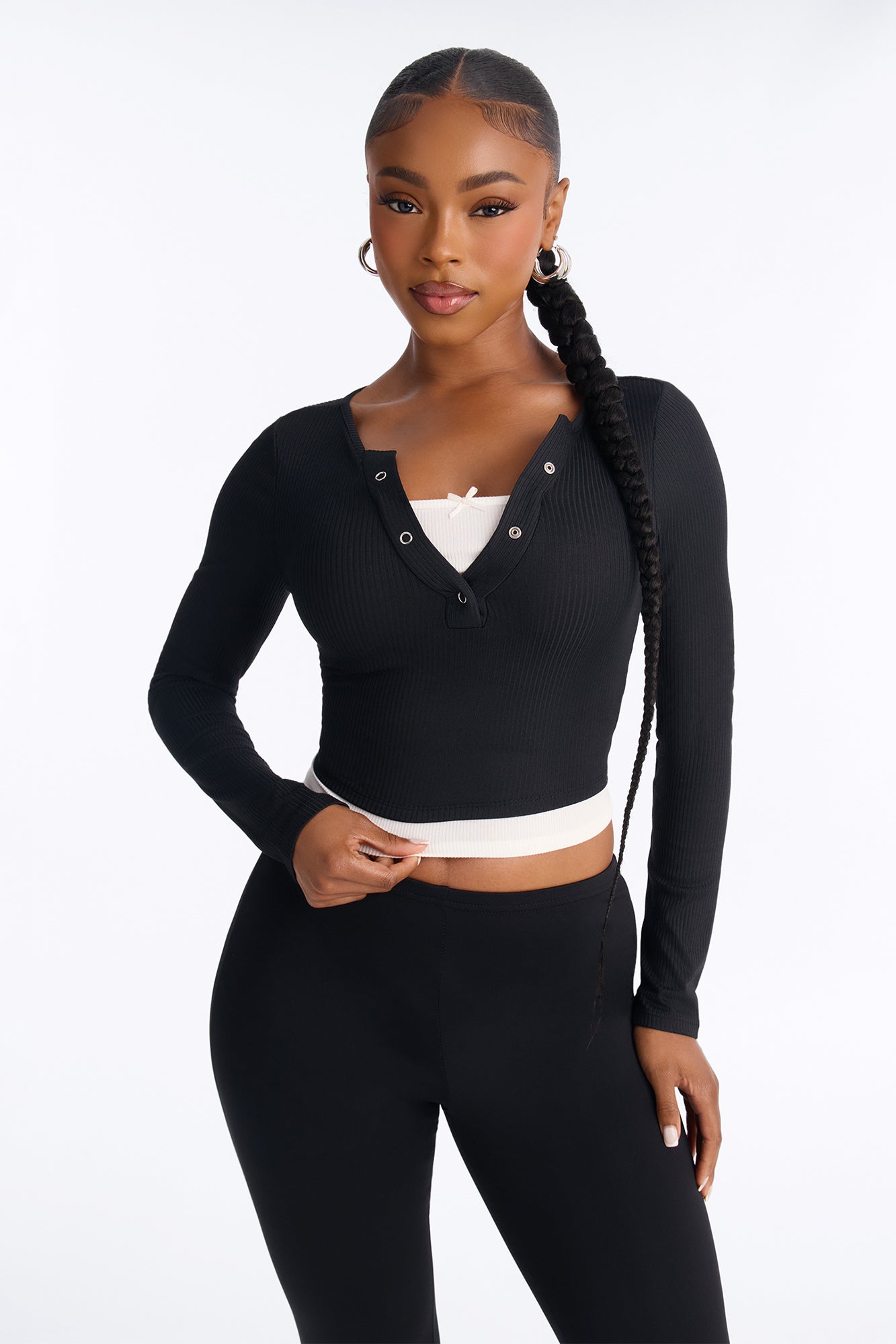 Masie Double Layered Henley Top - Black