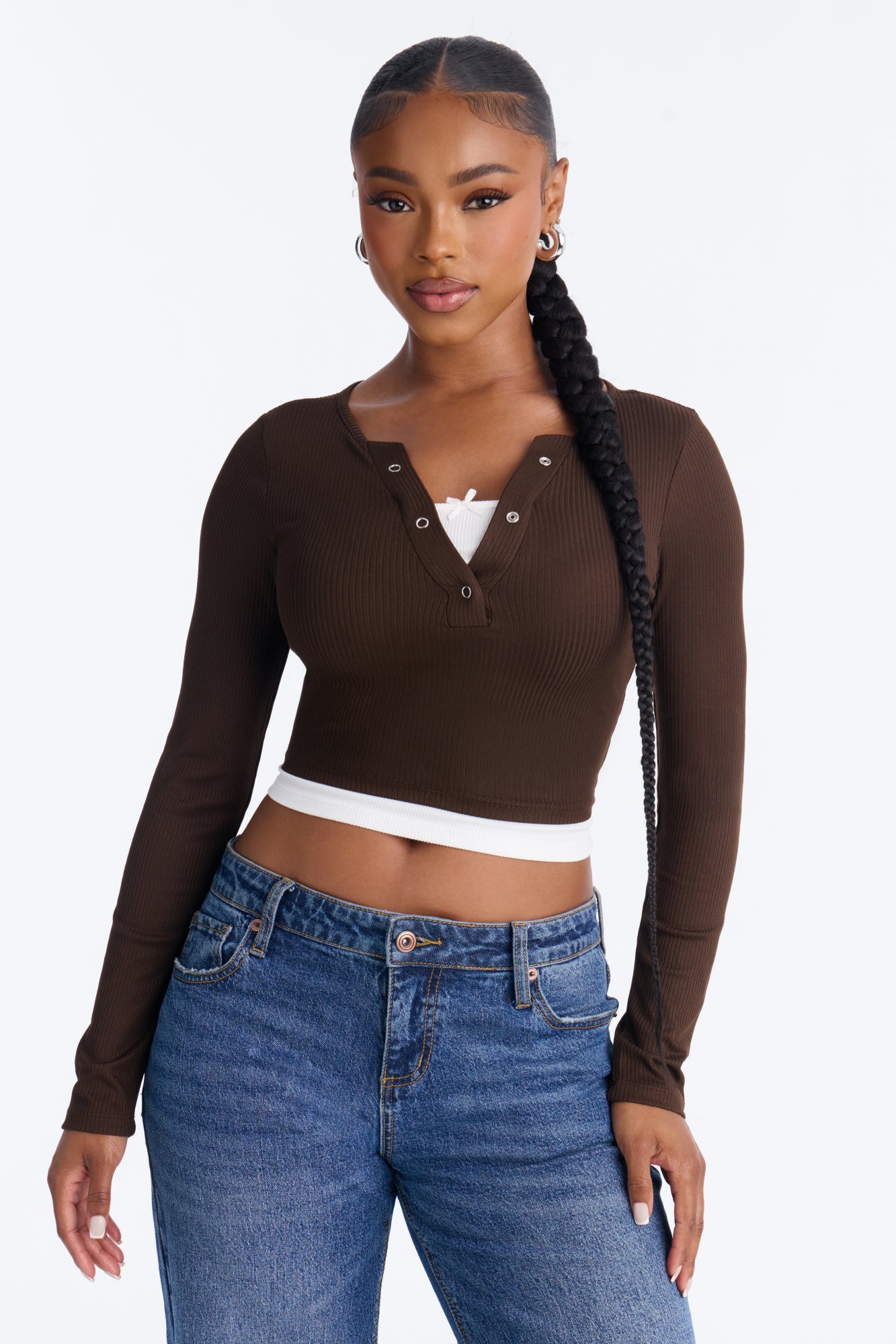 Masie Double Layered Henley Top - Chocolate