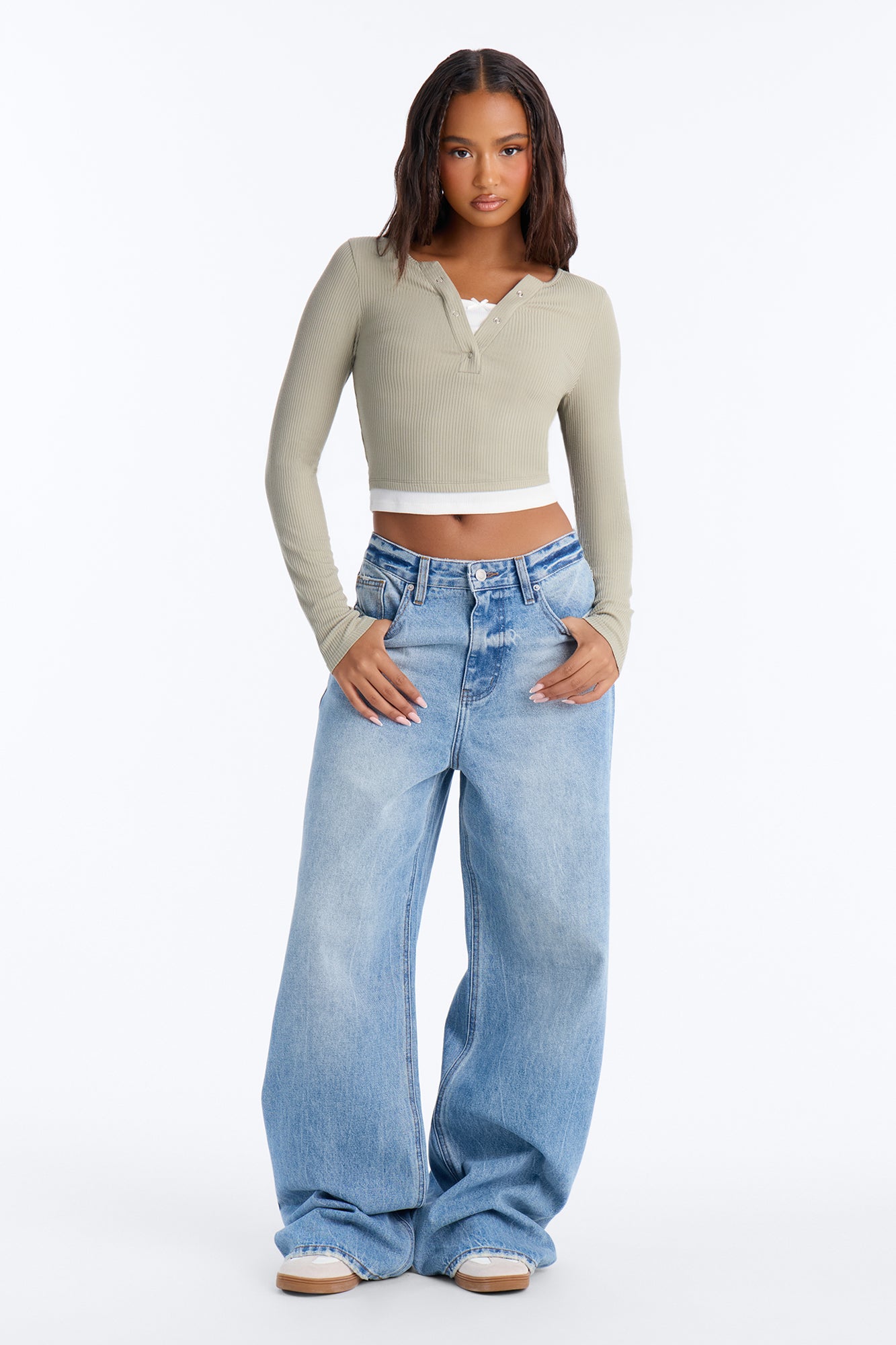 Masie Double Layered Henley Top - Sage