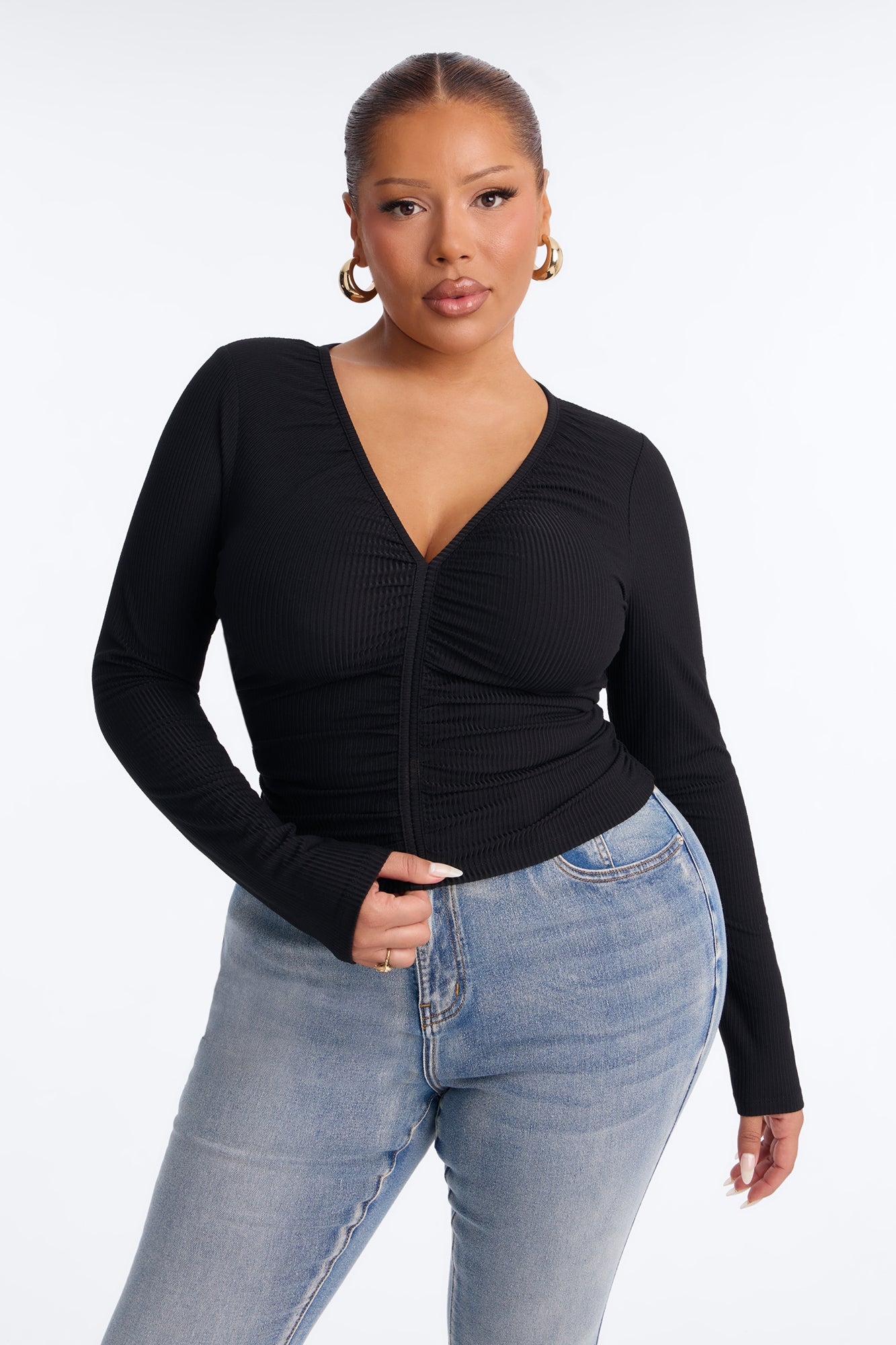 Mara Ruched Long Sleeve Top - Black