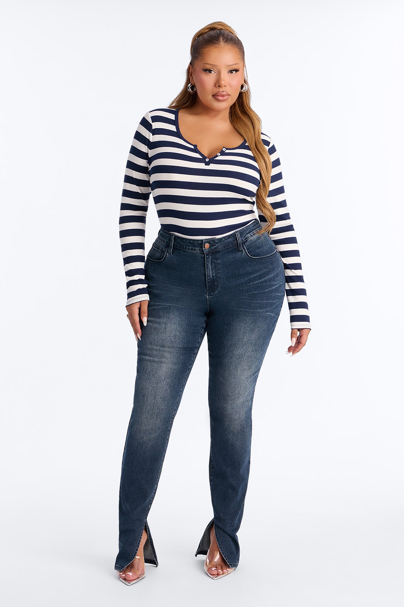 Katherine Striped Long Sleeve Top - Navy