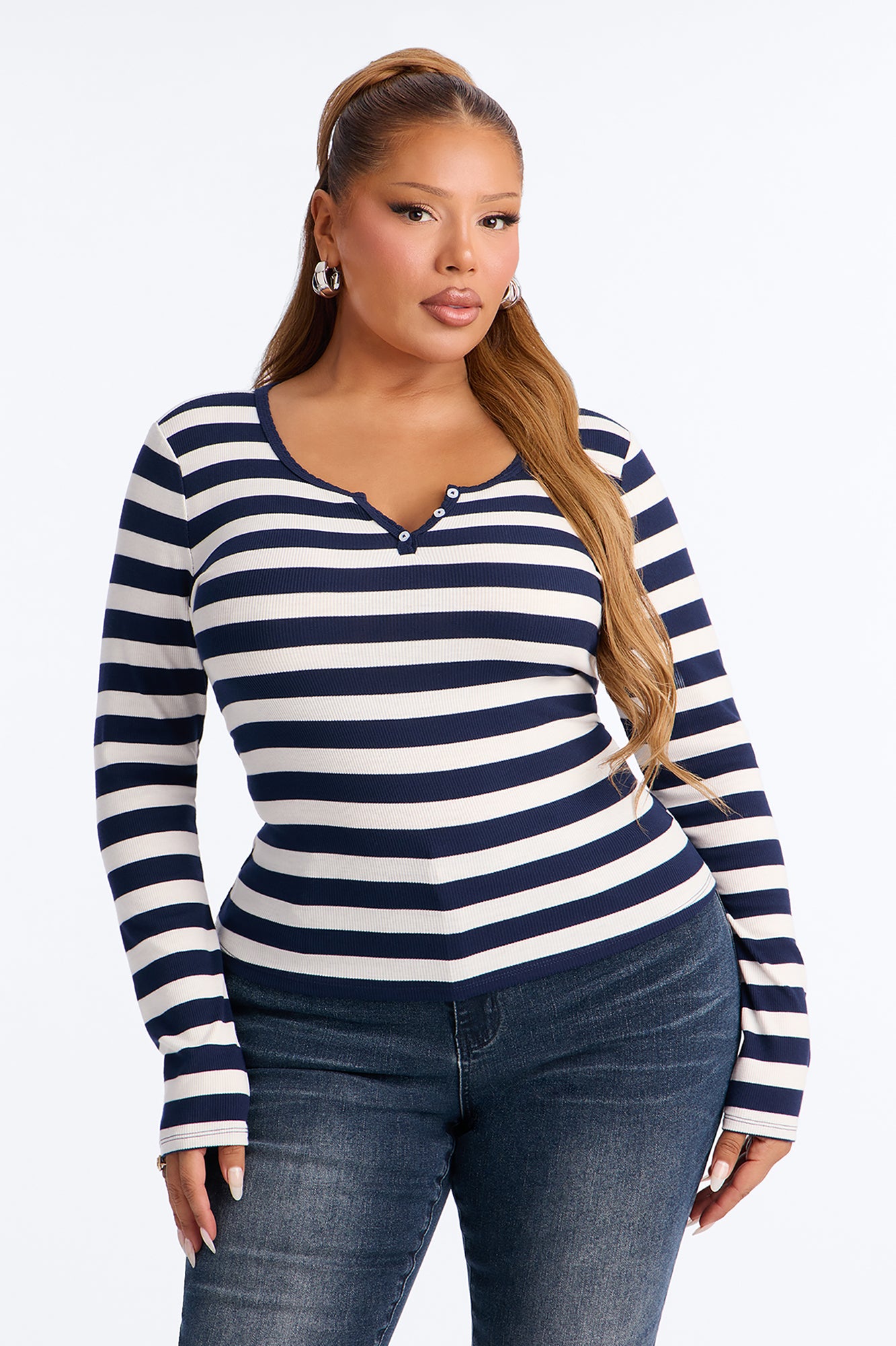 Katherine Striped Long Sleeve Top - Navy