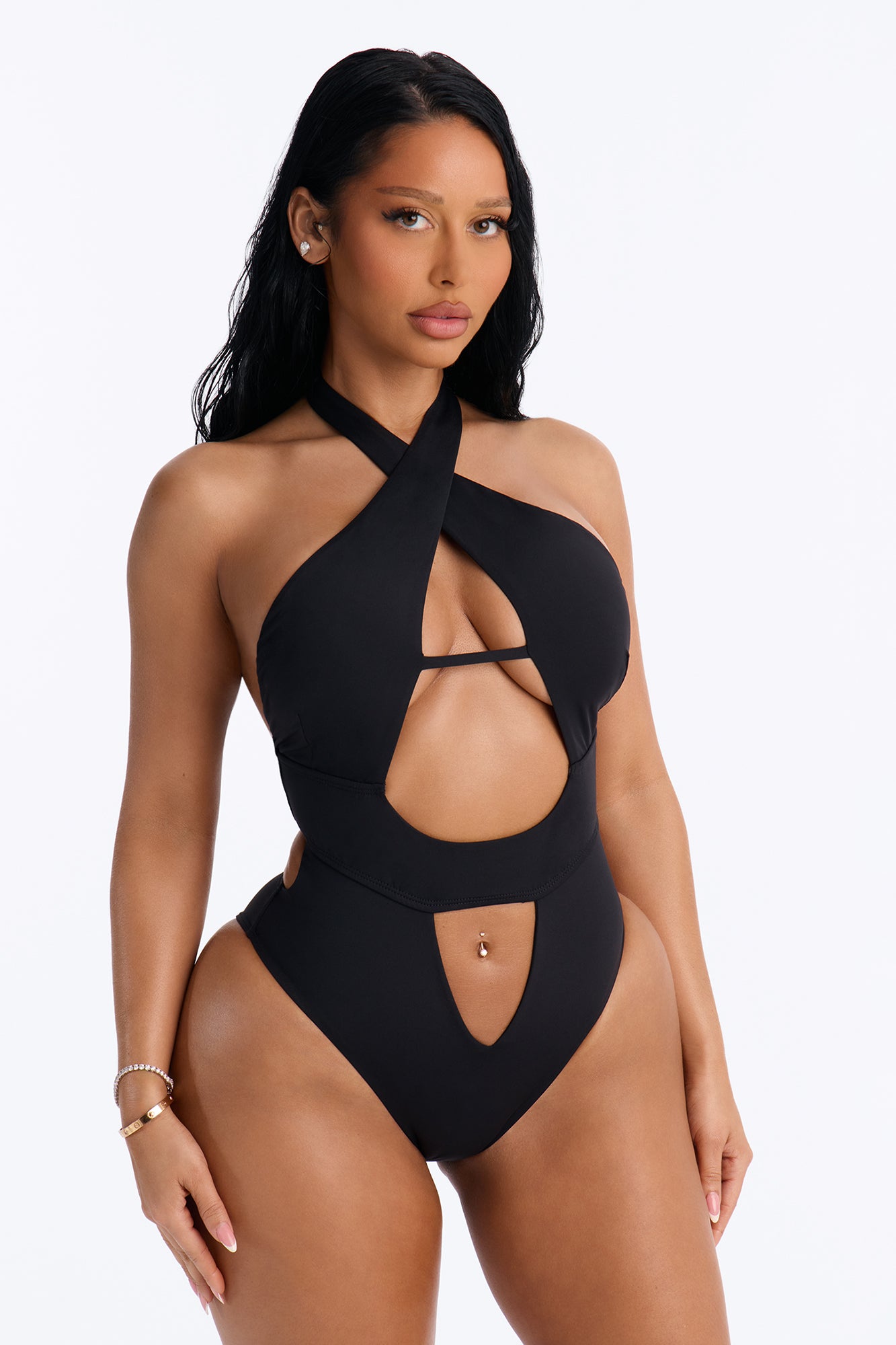 Peeking Through Halter Cut Out 1 Piece Swimsuit - Black