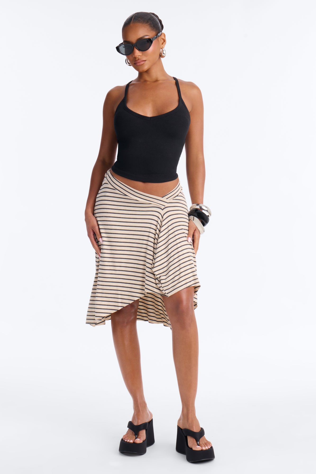 Collette Stripe Draped Midi Skirt - Ivory/combo