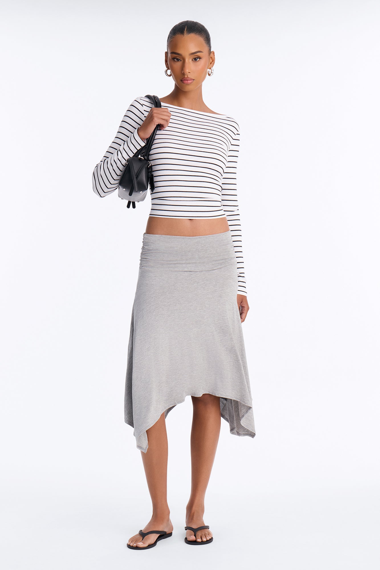 Paulette Ruched Flowy Midi Skirt - Heather Grey