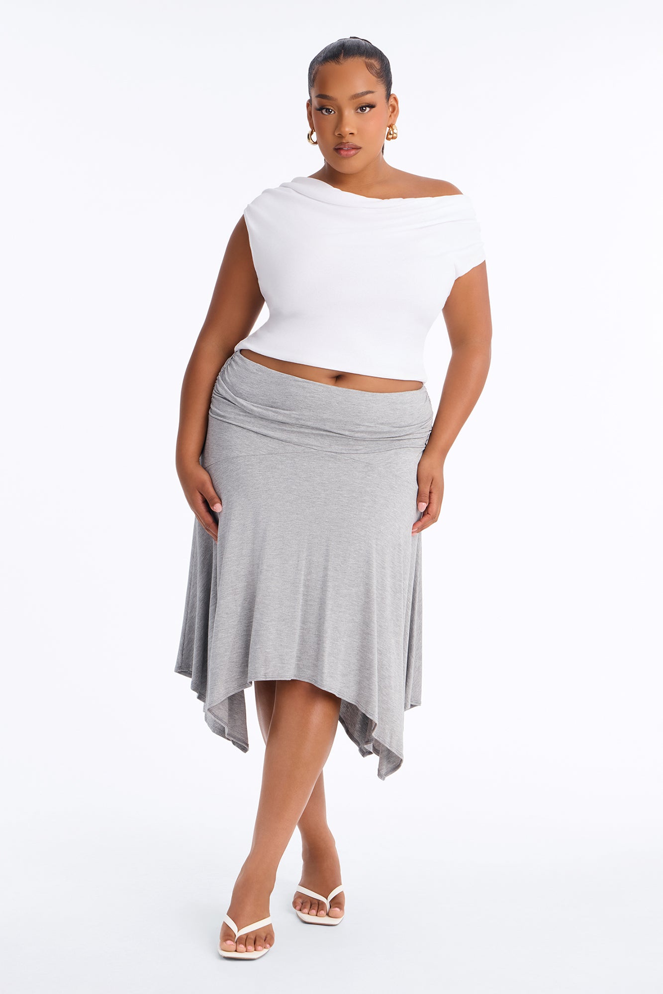 Paulette Ruched Flowy Midi Skirt - Heather Grey