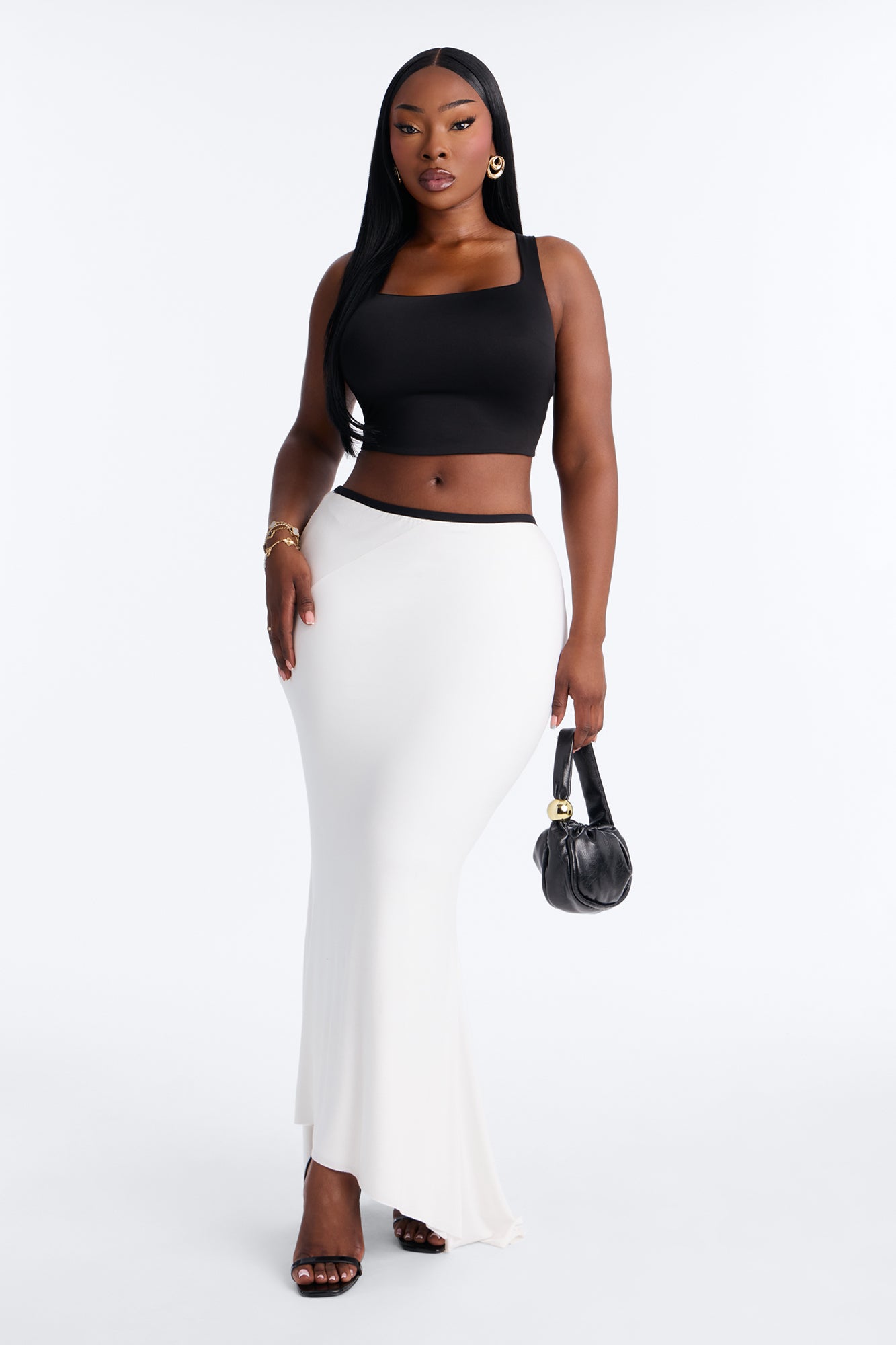 Gia Contrast Knit Fishtail Maxi Skirt - White/combo
