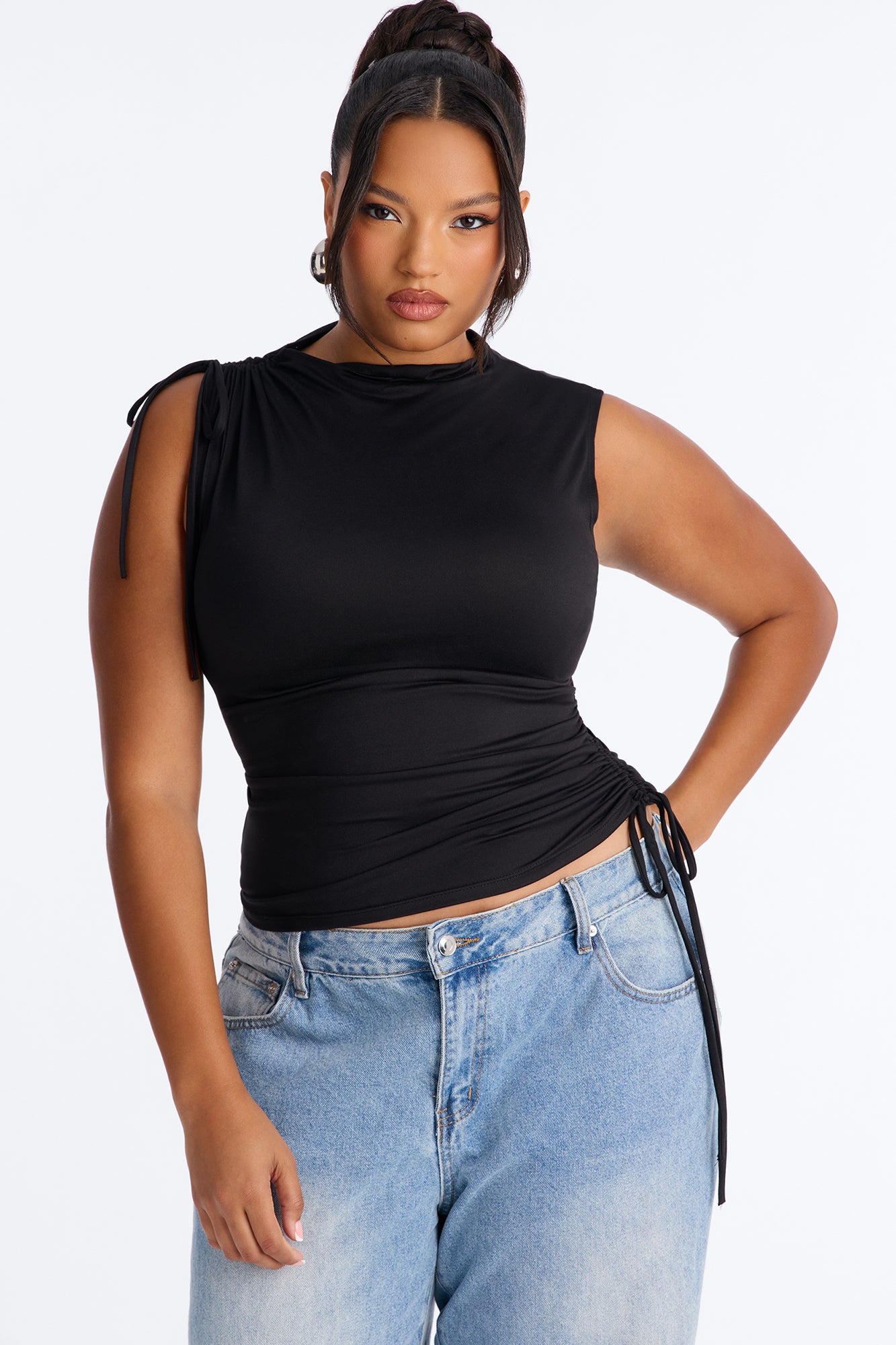 Devon Ruched Drawstring Mock Neck Top - Black