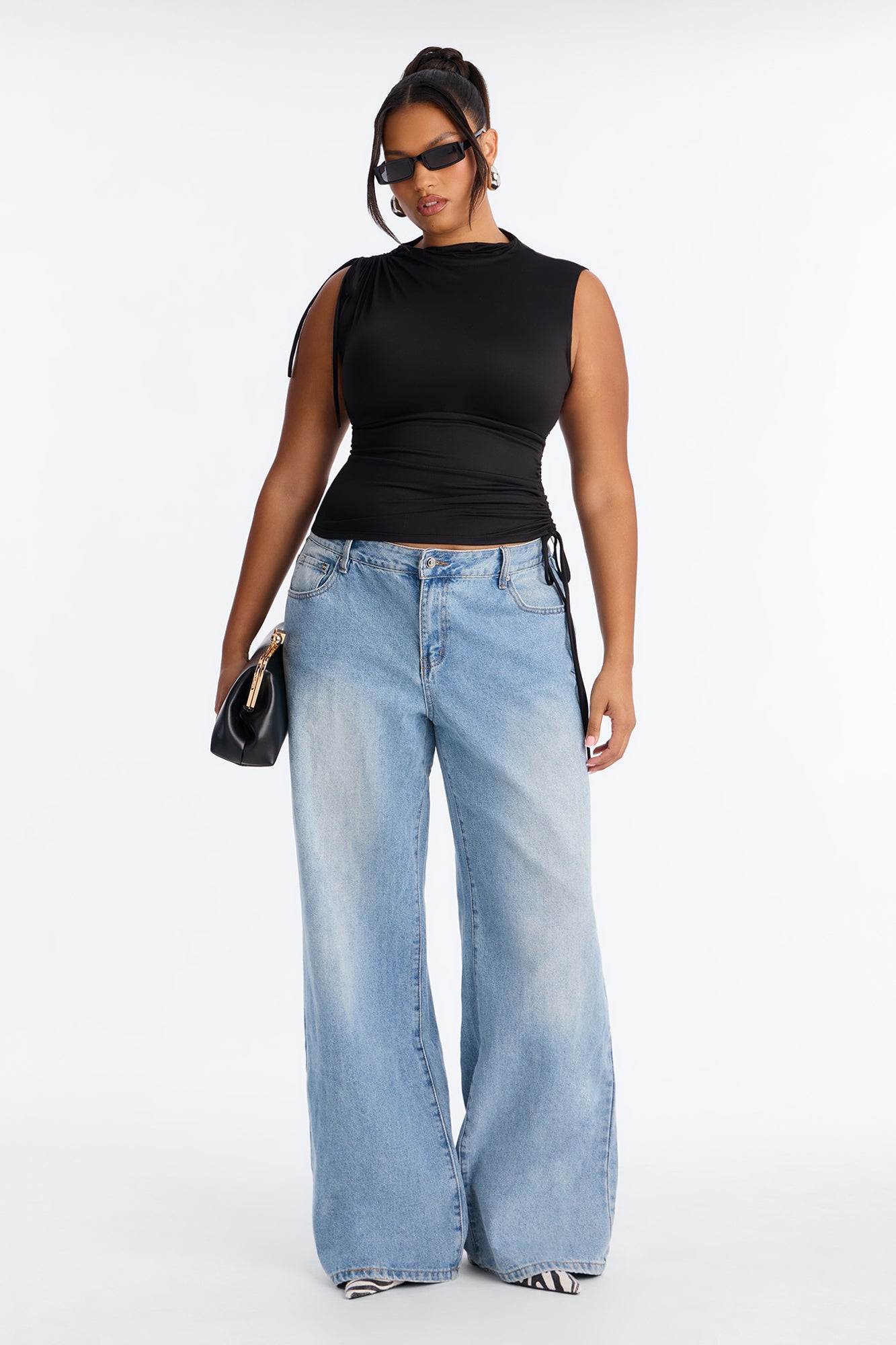 Devon Ruched Drawstring Mock Neck Top - Black