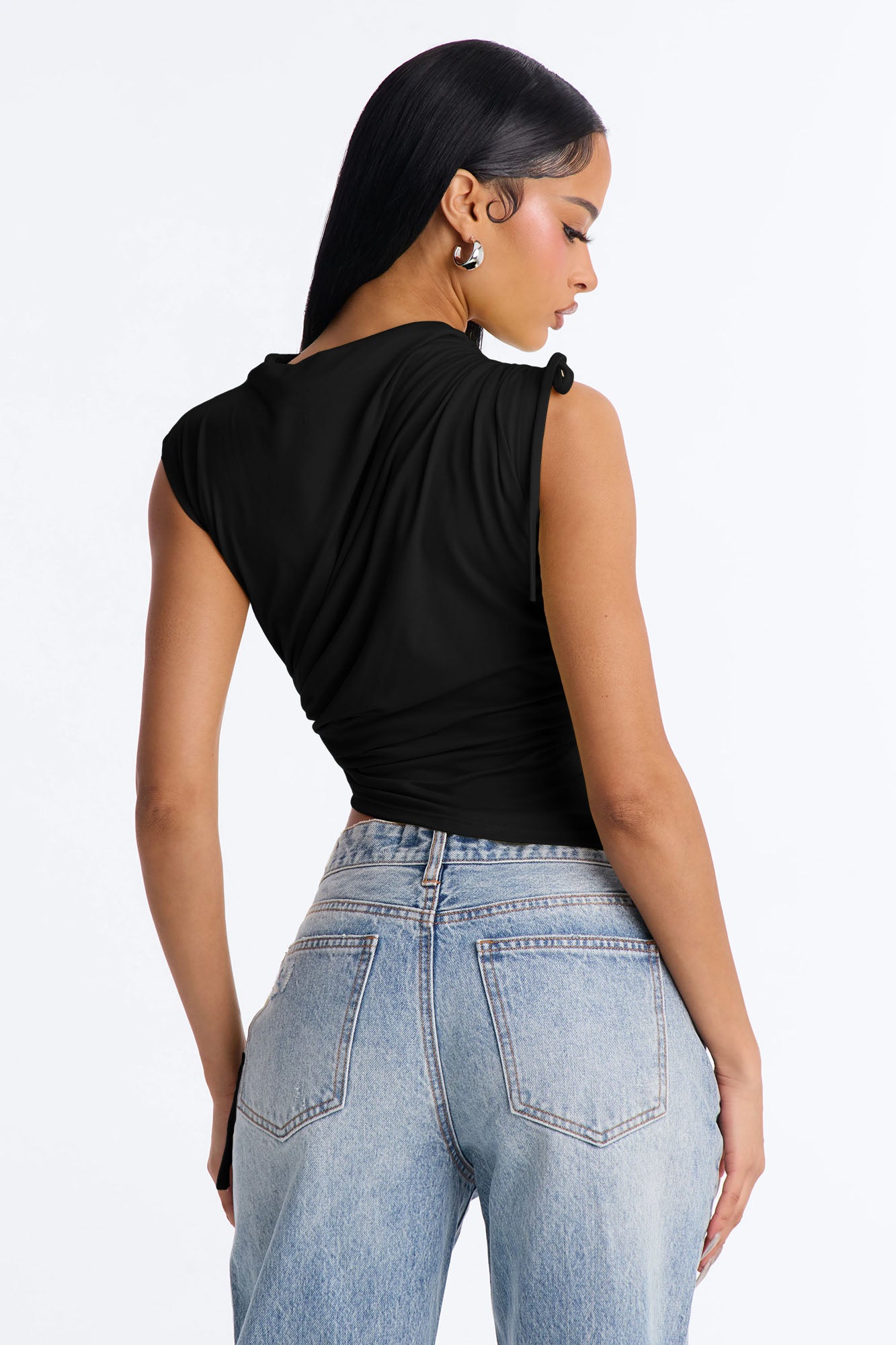 Devon Ruched Drawstring Mock Neck Top - Black