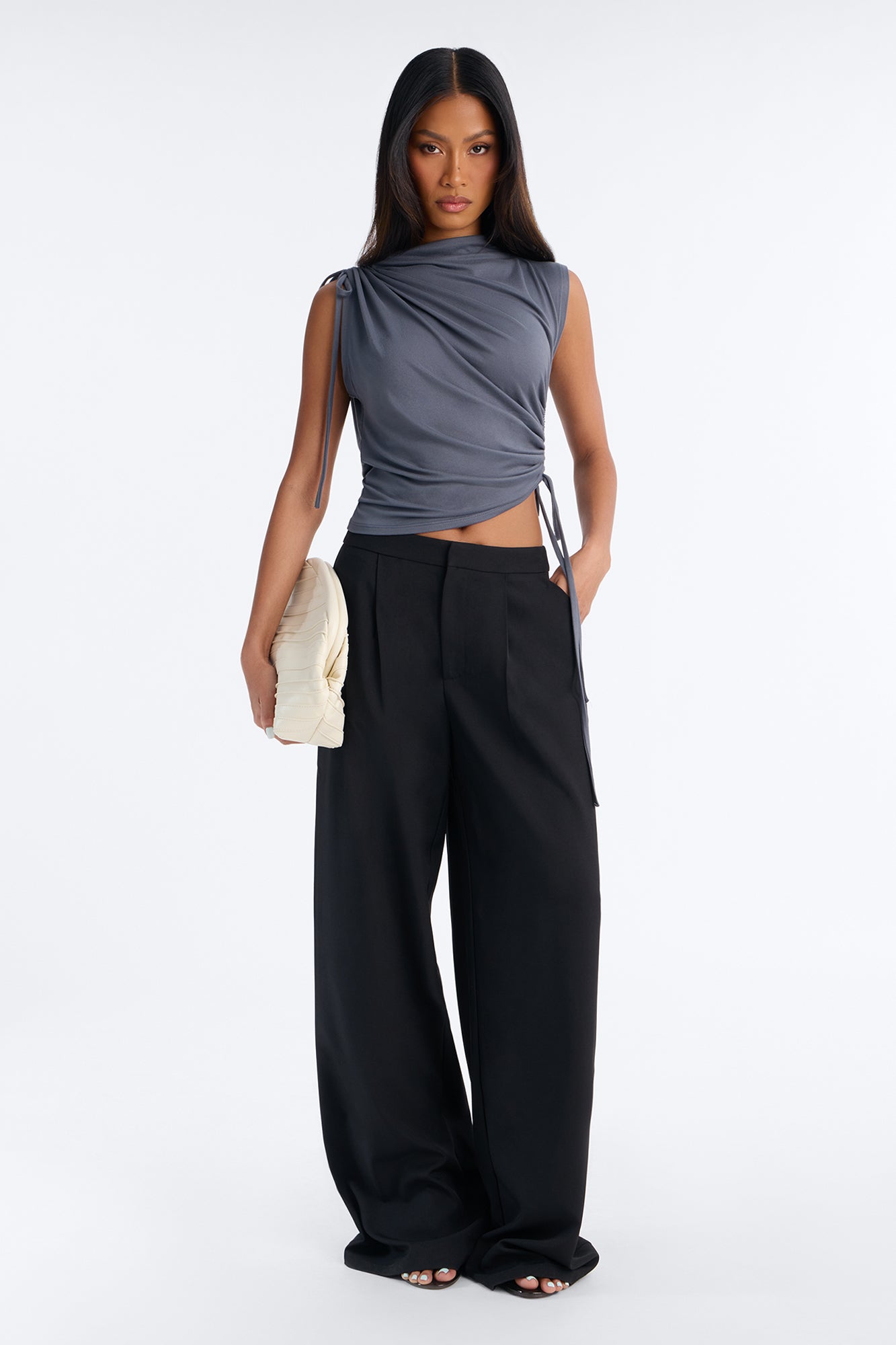 Devon Ruched Drawstring Mock Neck Top - Charcoal
