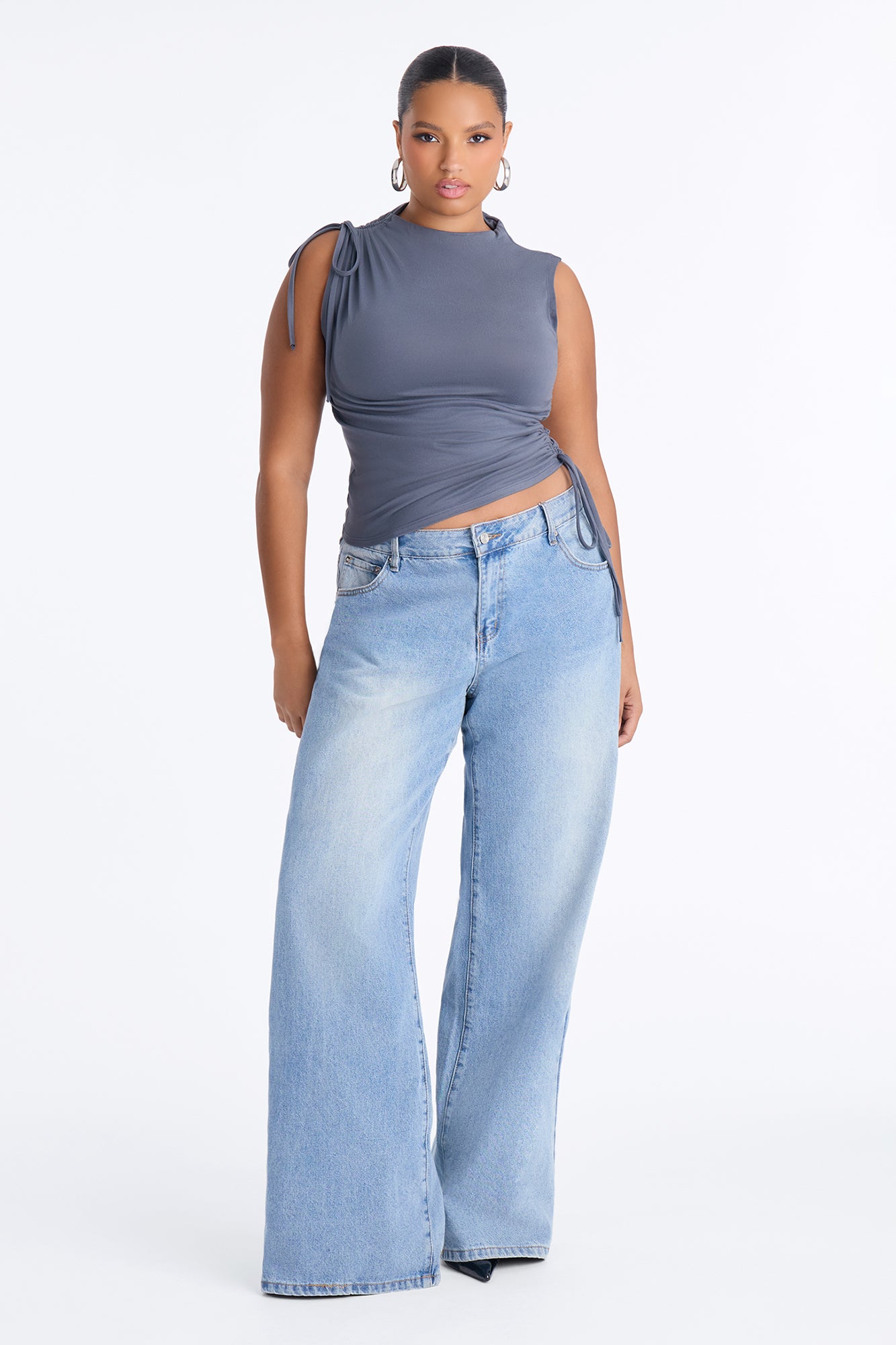 Devon Ruched Drawstring Mock Neck Top - Charcoal