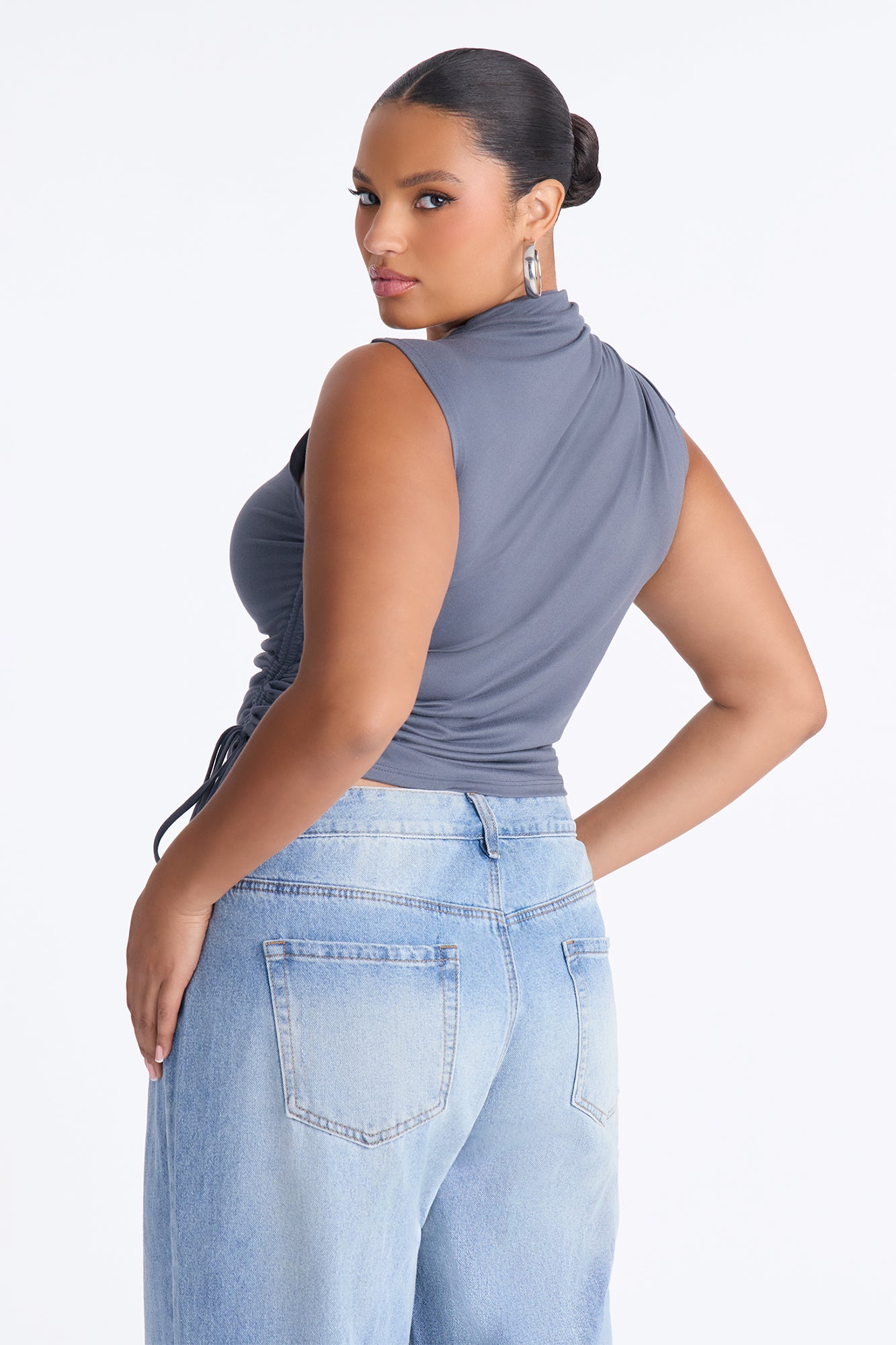 Devon Ruched Drawstring Mock Neck Top - Charcoal
