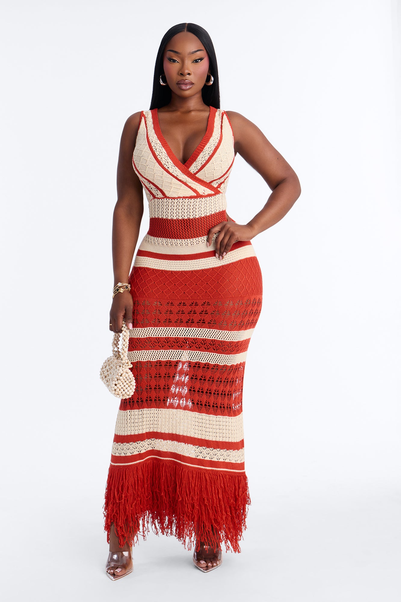 Coastal Getaway Crochet Maxi Dress - Rust/combo