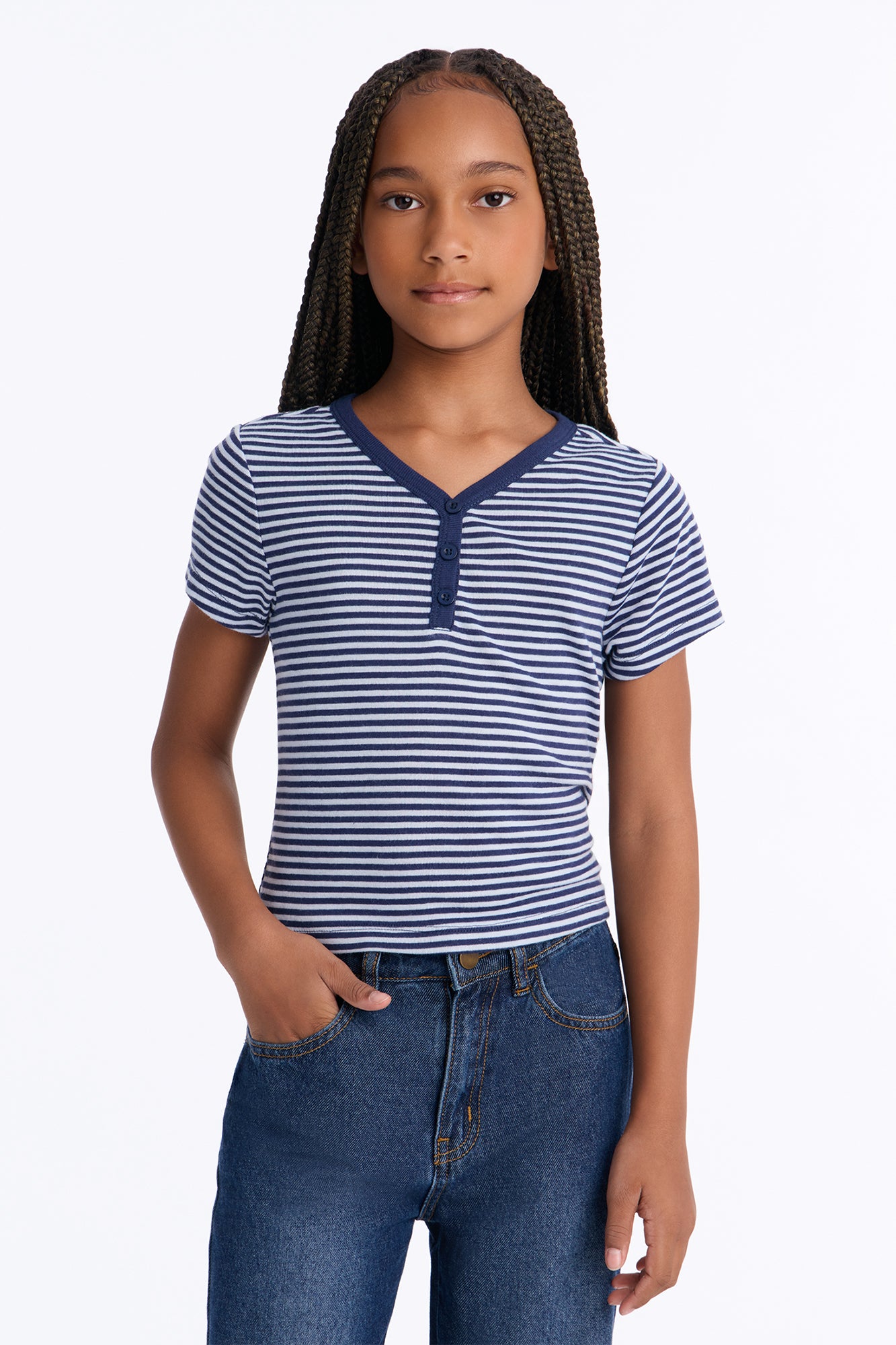 Mini Tell Me Striped Short Sleeve Henley - Blue/combo