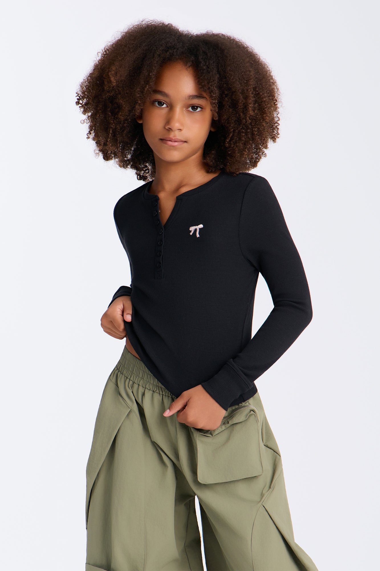 Mini See It Through Long Sleeve Henley - Black