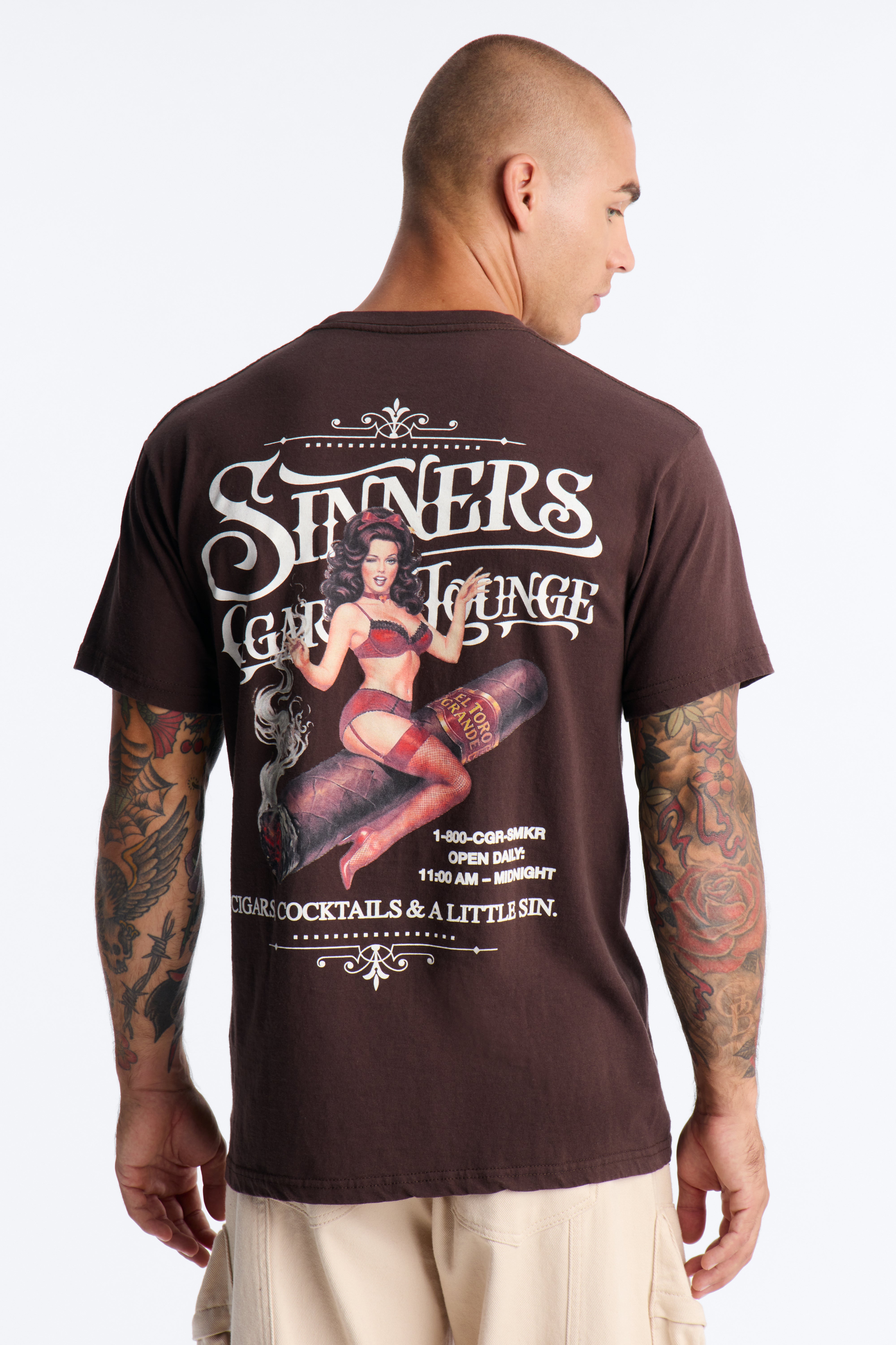 Sinners Cigar Lounge Vintage Oversized Short Sleeve Tee - Brown