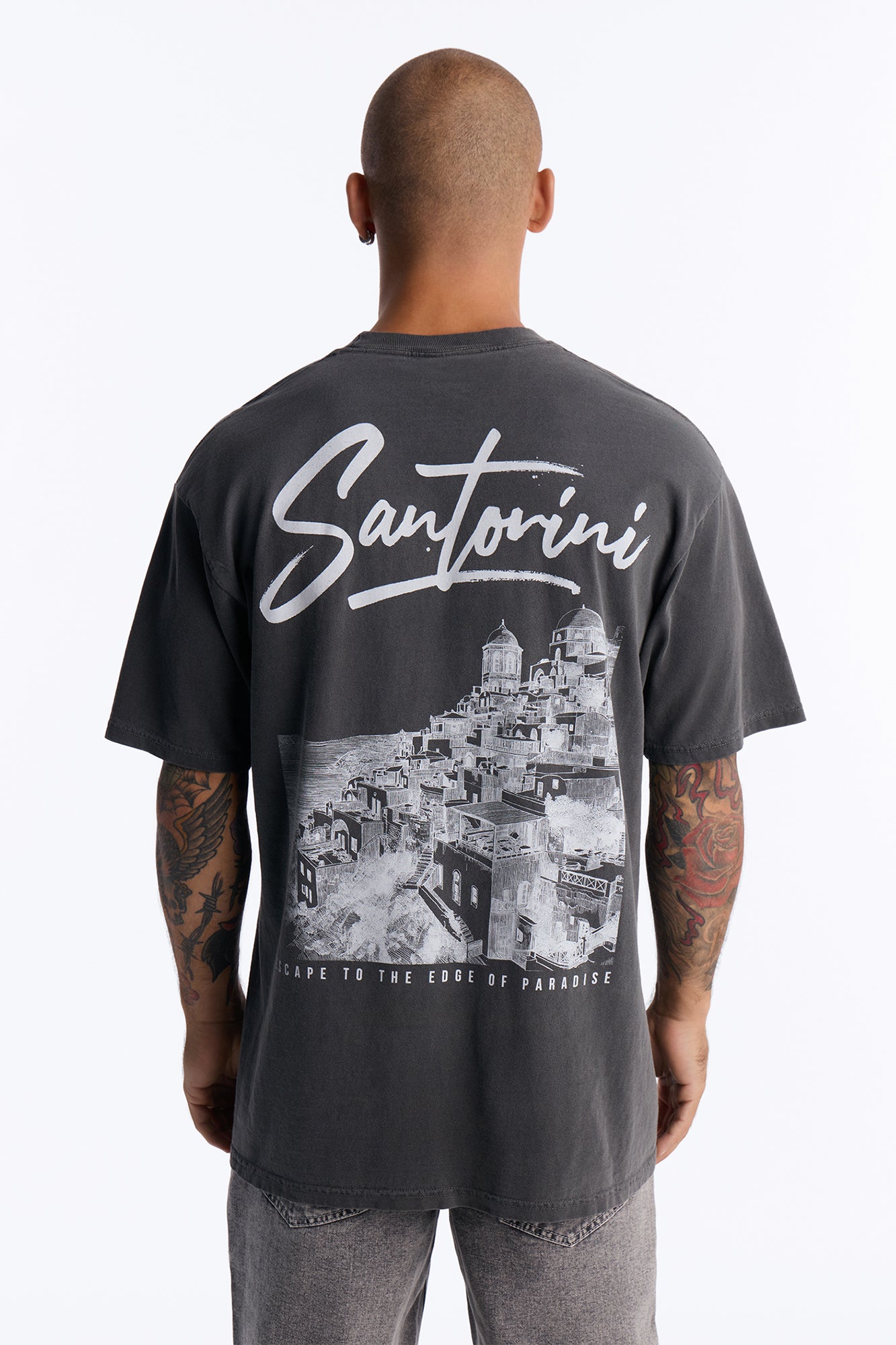 Santorini Greece Vintage Oversize Short Sleeve Tee - Black