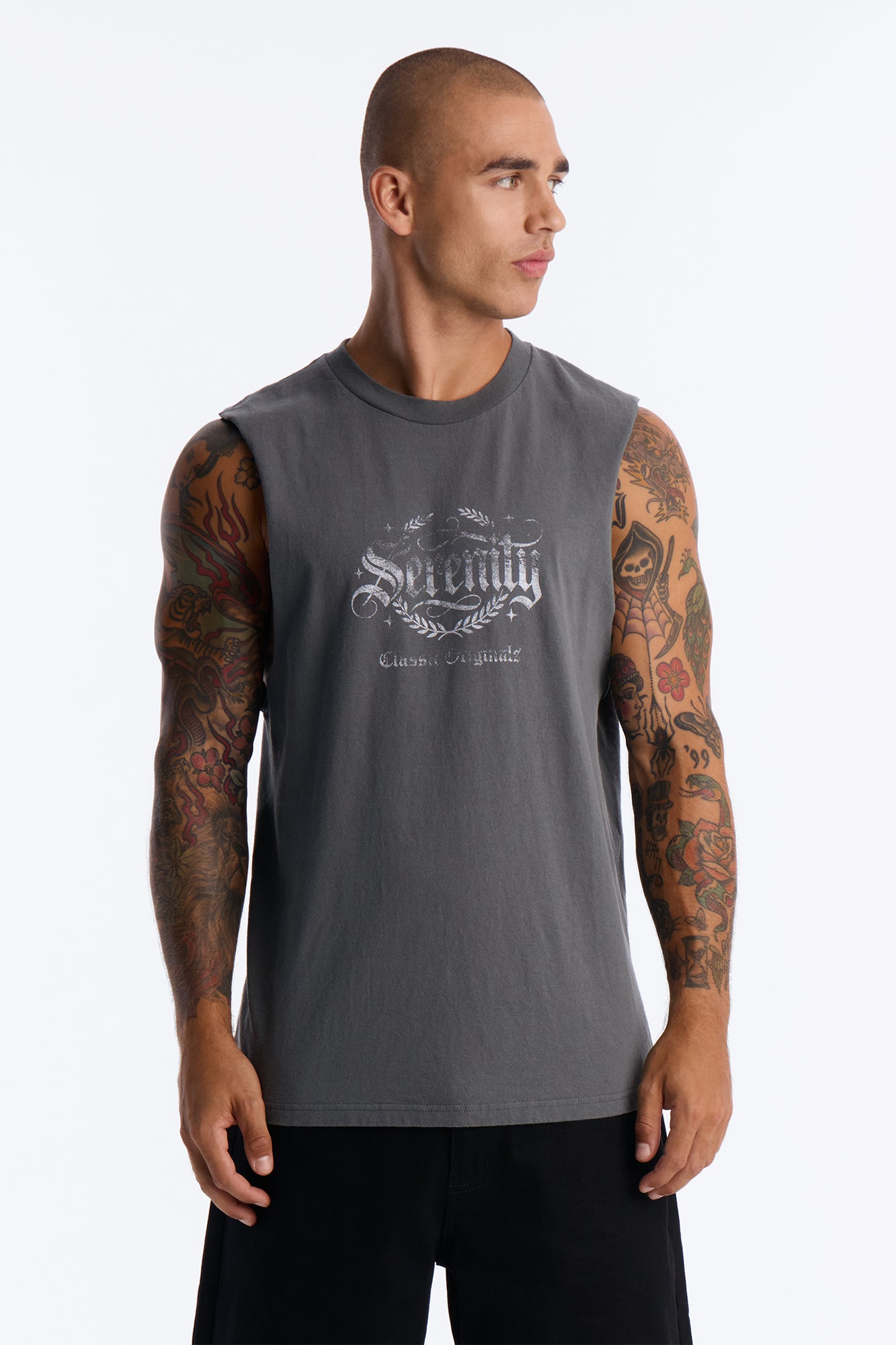Serenity Vintage Oversized Muscle Tee - Charcoal
