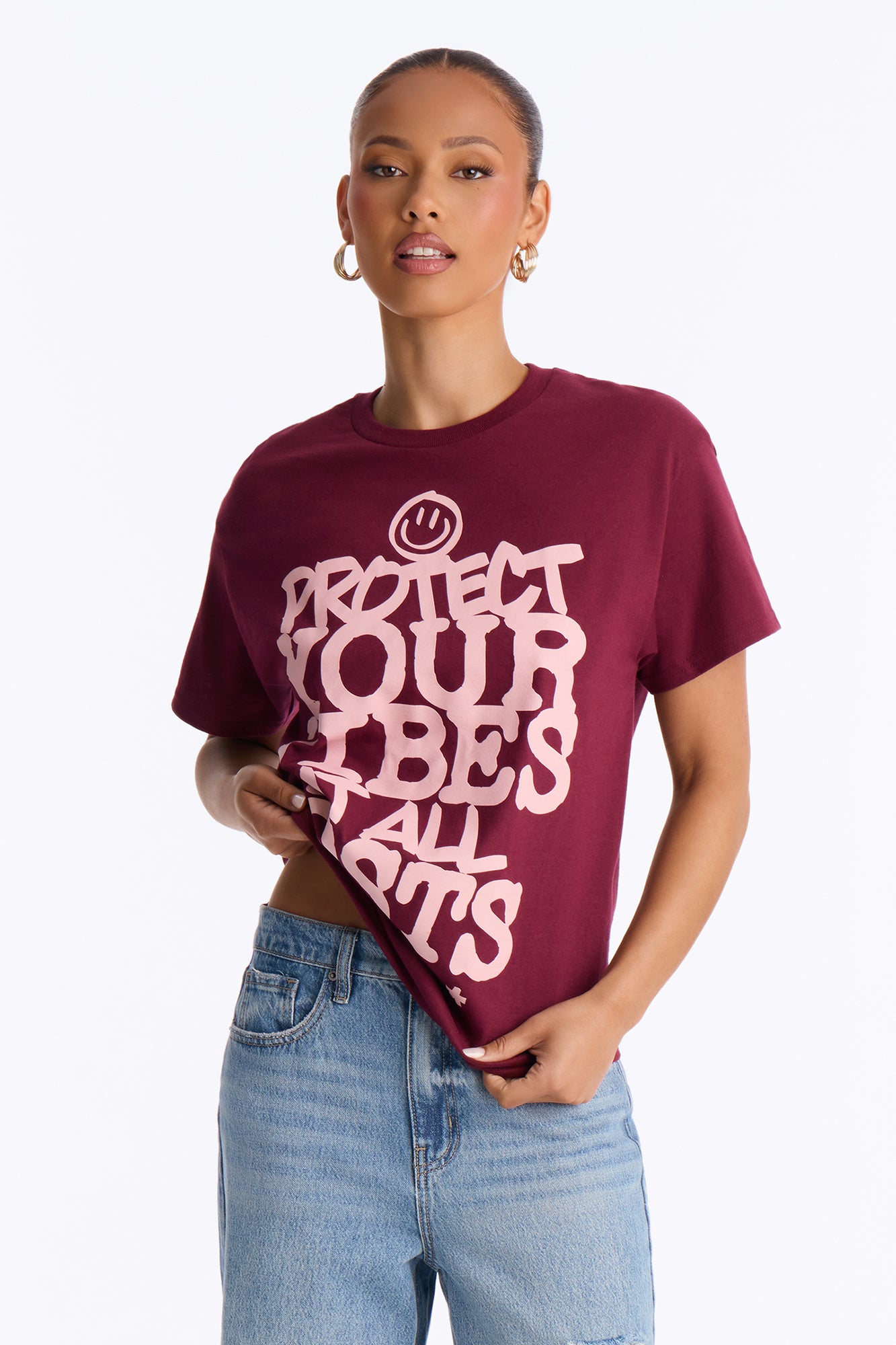 Protect Your Vibes Oversized Tee - Burgundy