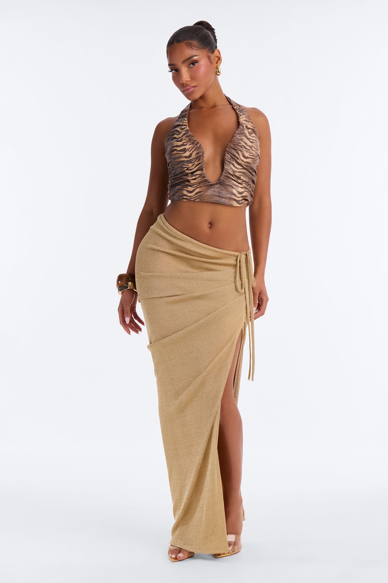 Midnight In Mallorca Metallic Ruched Maxi Skirt - Gold