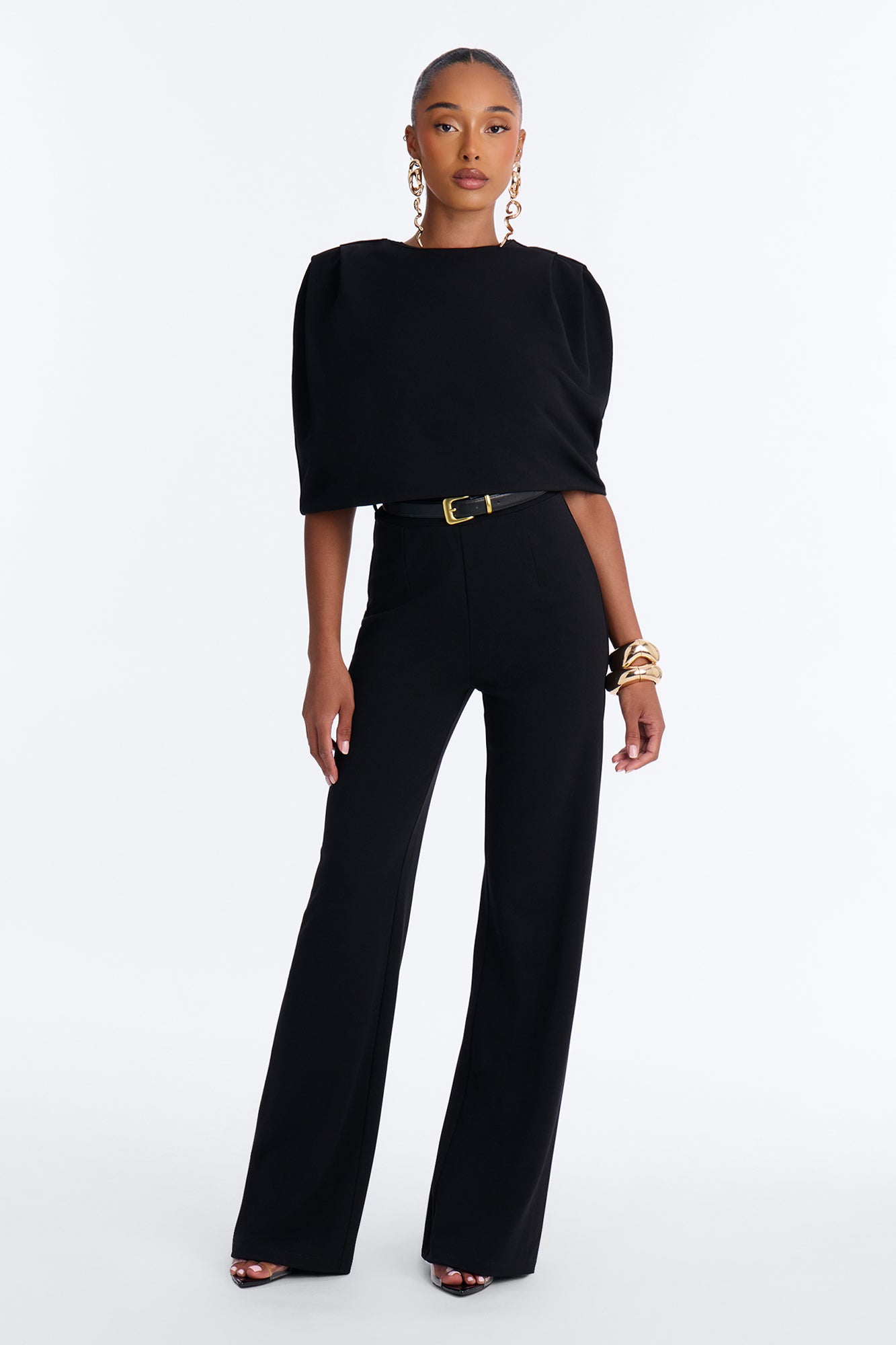 Mali Belted Cape Sleeve Pant Set - Black