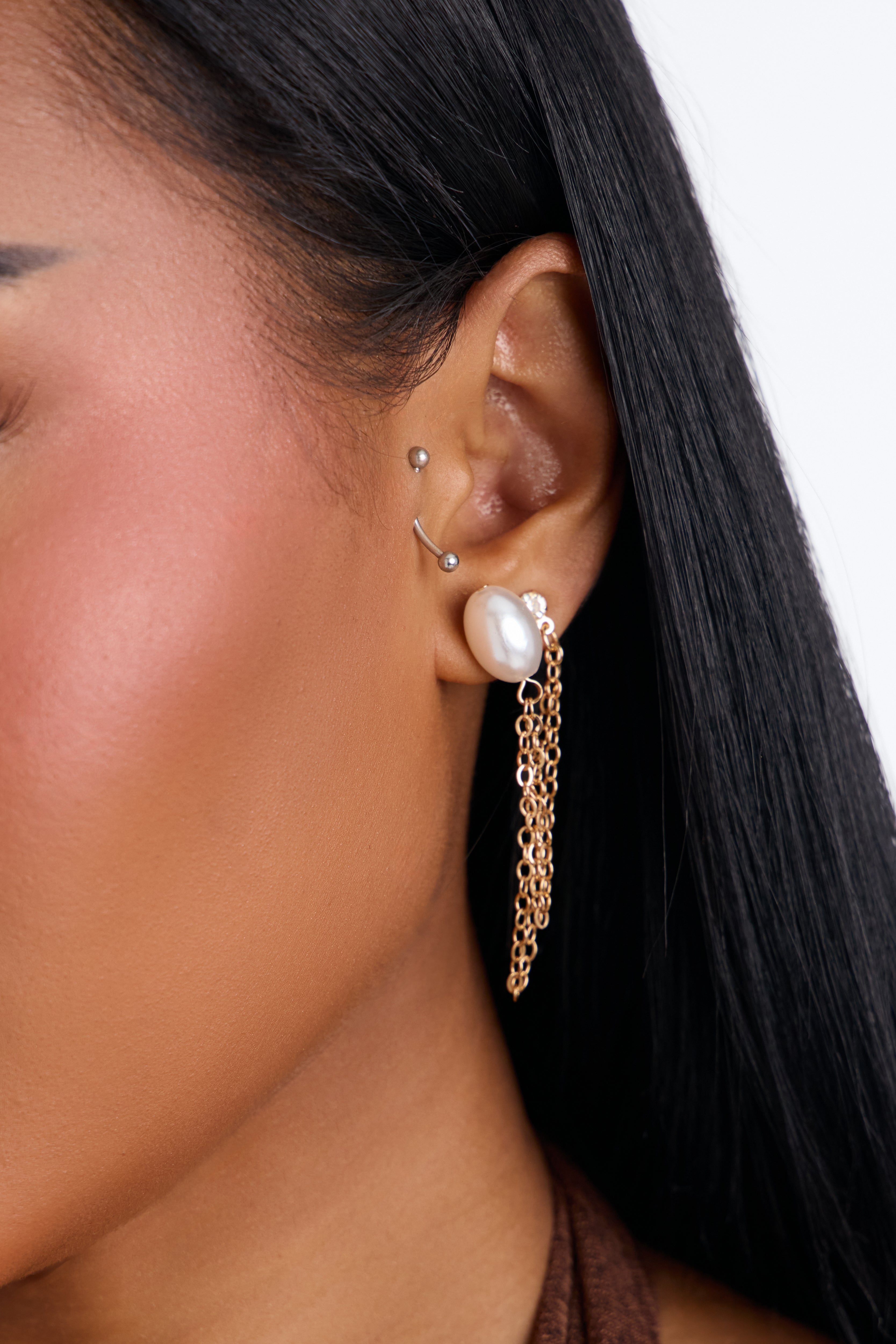 Fresh Water Pearl Double Piercing Earrings - Gold