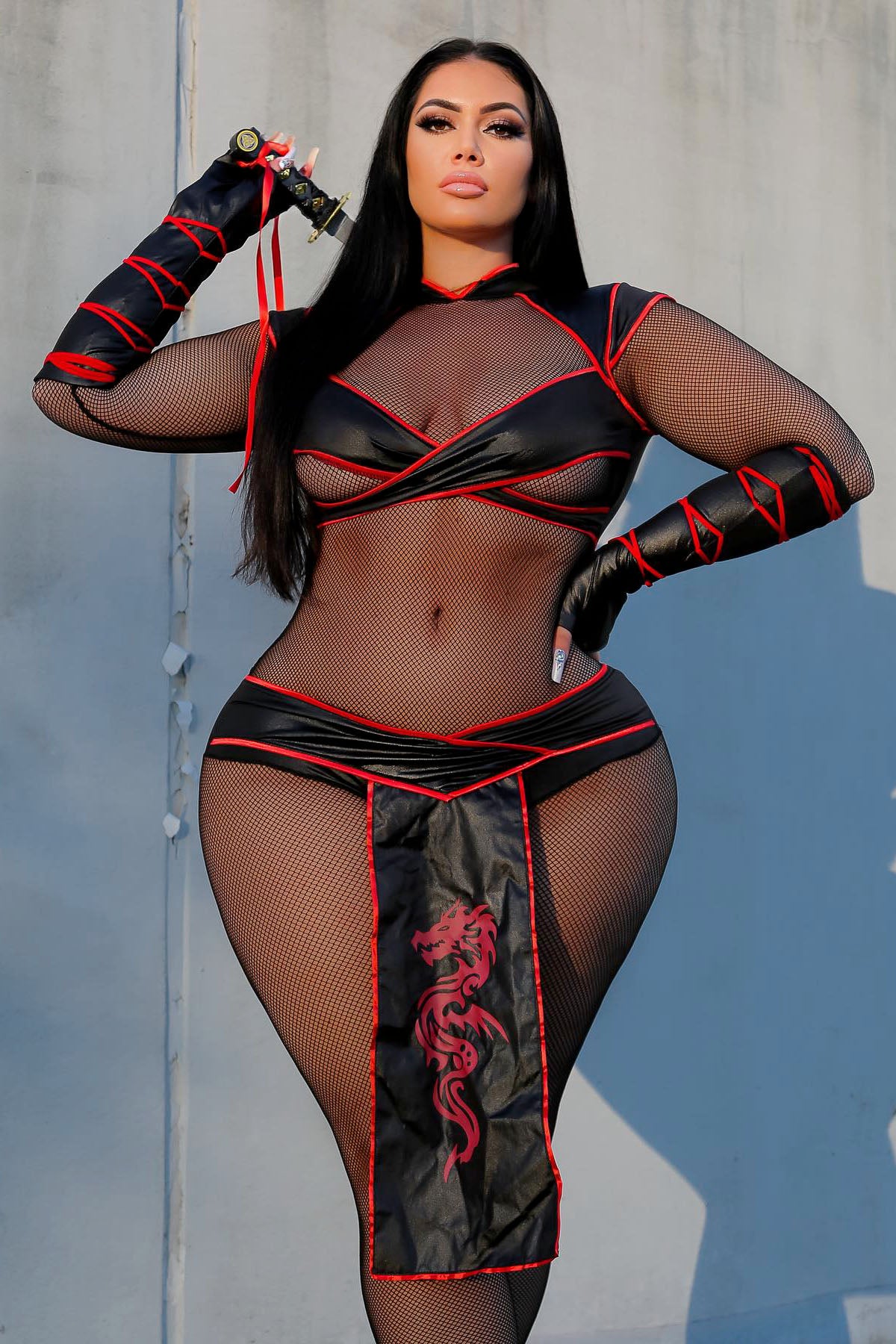 Sexy Stealth Ninja 5 Piece Costume - Black/Red