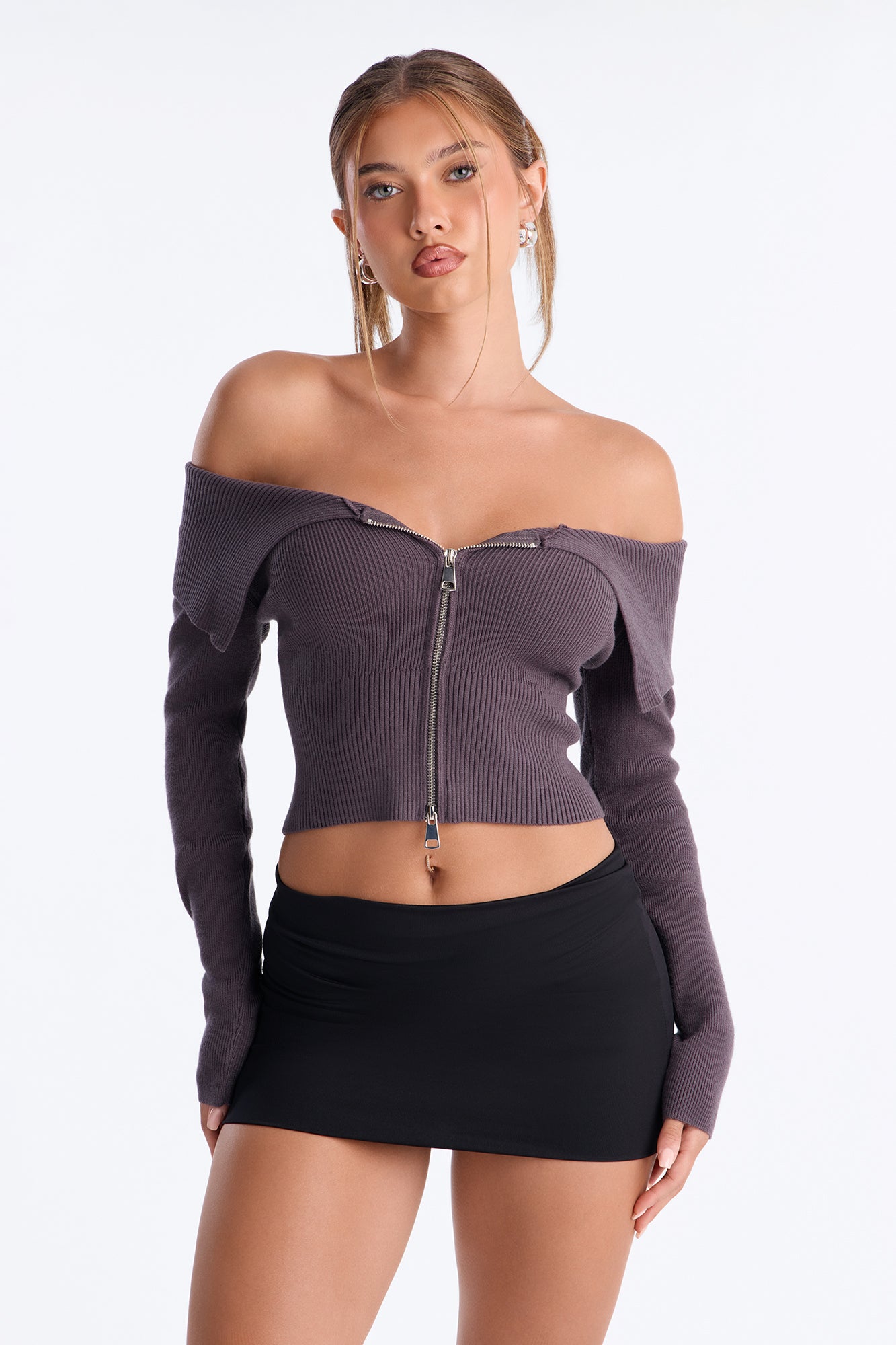 Say My Name Off Shoulder Sweater - Charcoal