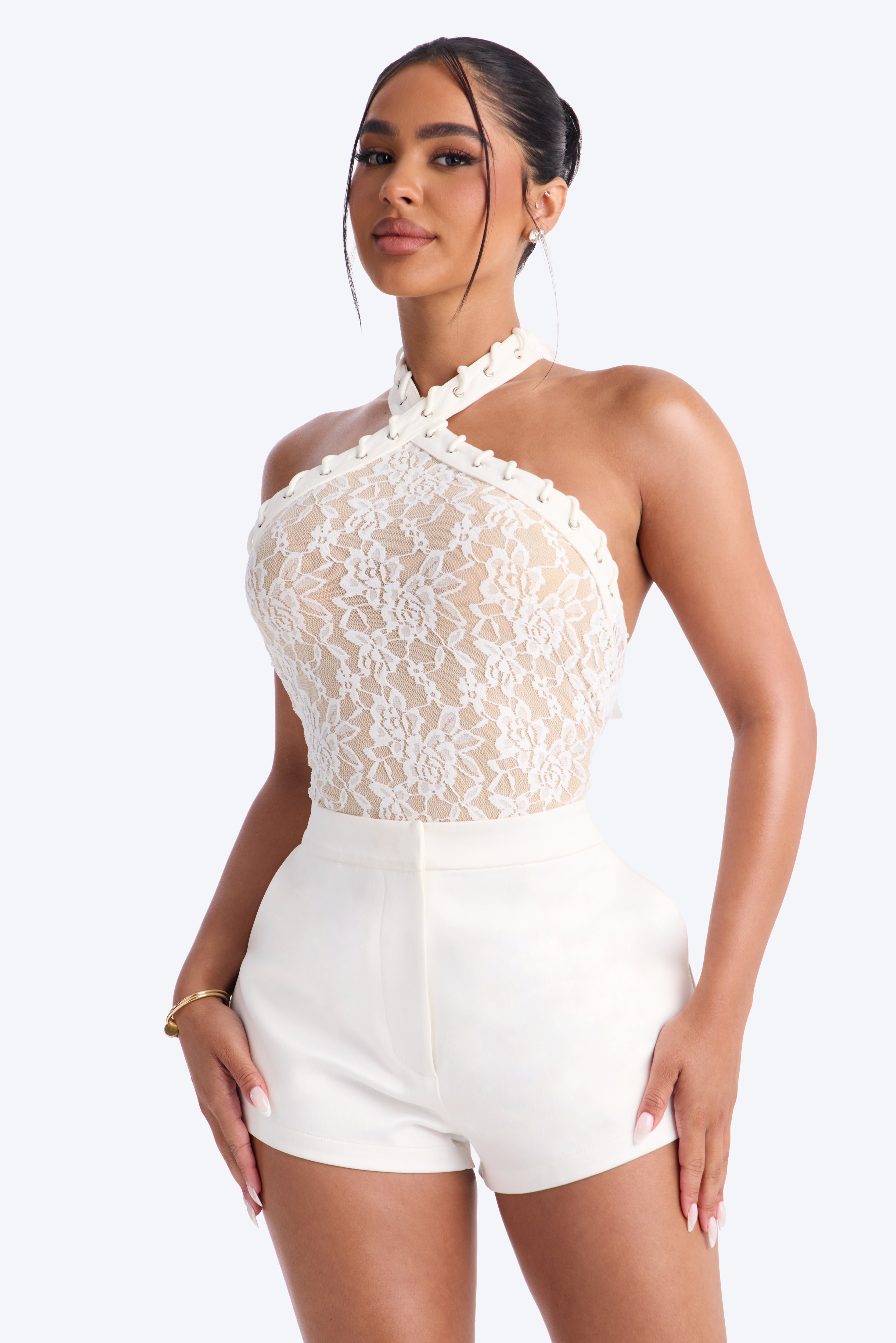 Sweet Temptation Lace Halter Bodysuit - White