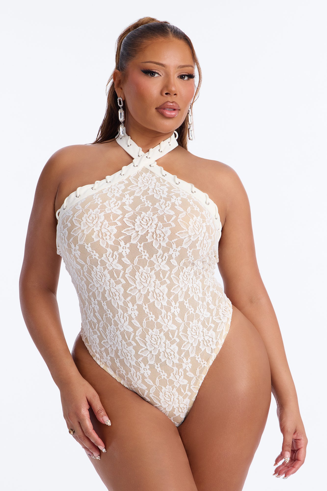 Sweet Temptation Lace Halter Bodysuit - White
