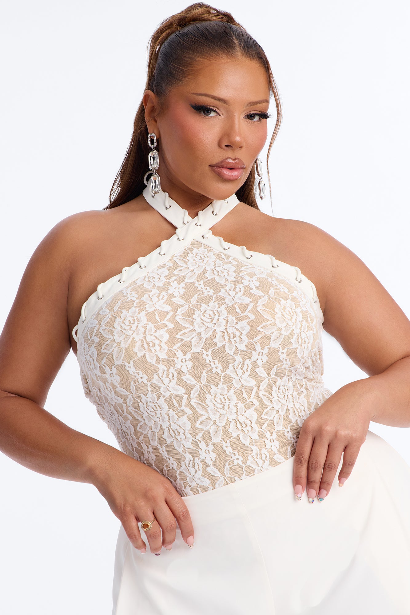 Sweet Temptation Lace Halter Bodysuit - White