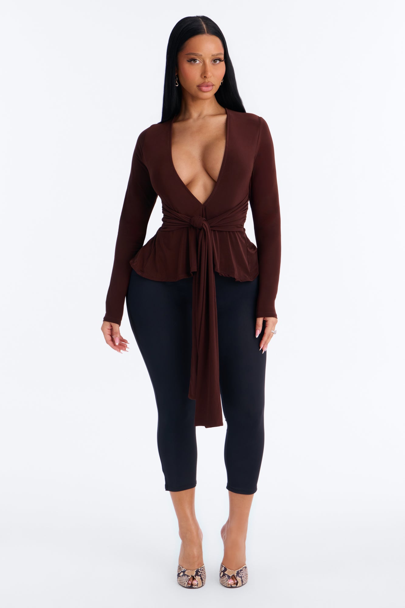 Giulia Deep V Neck Drape Long Sleeve Top - Chocolate