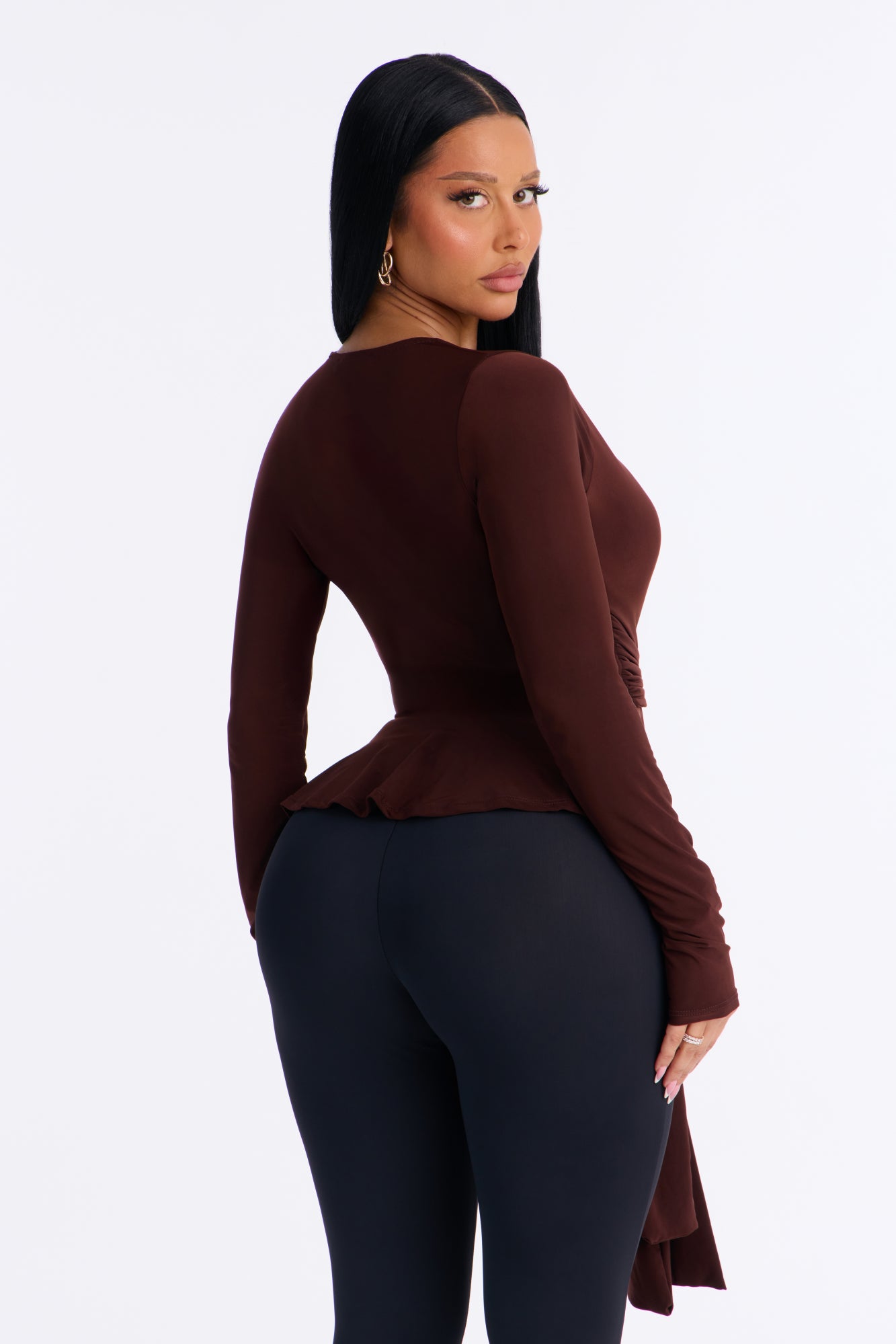 Giulia Deep V Neck Drape Long Sleeve Top - Chocolate
