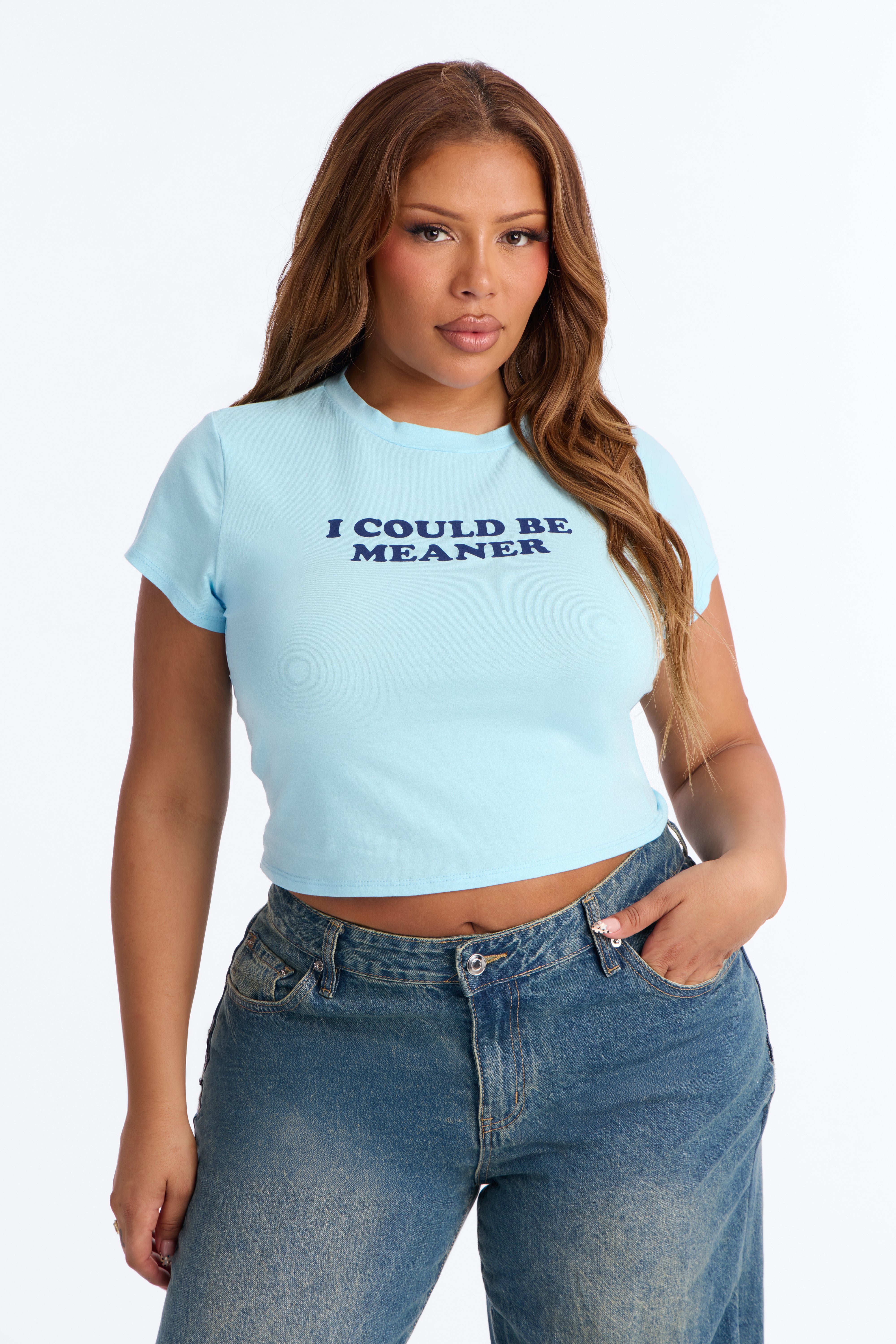 I Could Be Meaner Cropped Baby Tee - Light Blue
