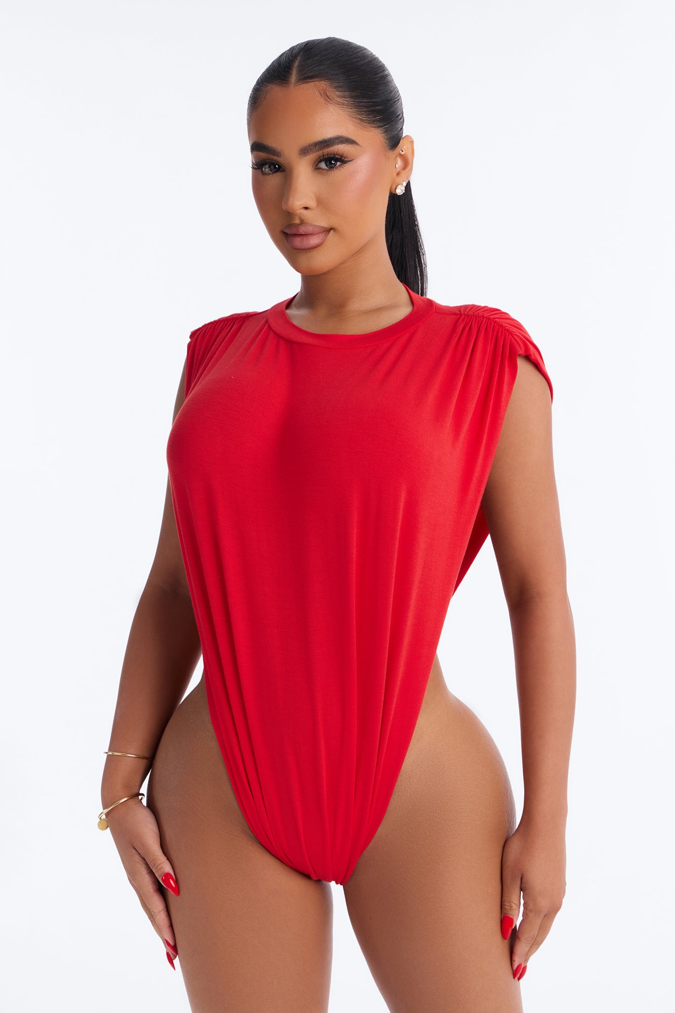 Open Concept Ruched Sleeveless Bodysuit - Red