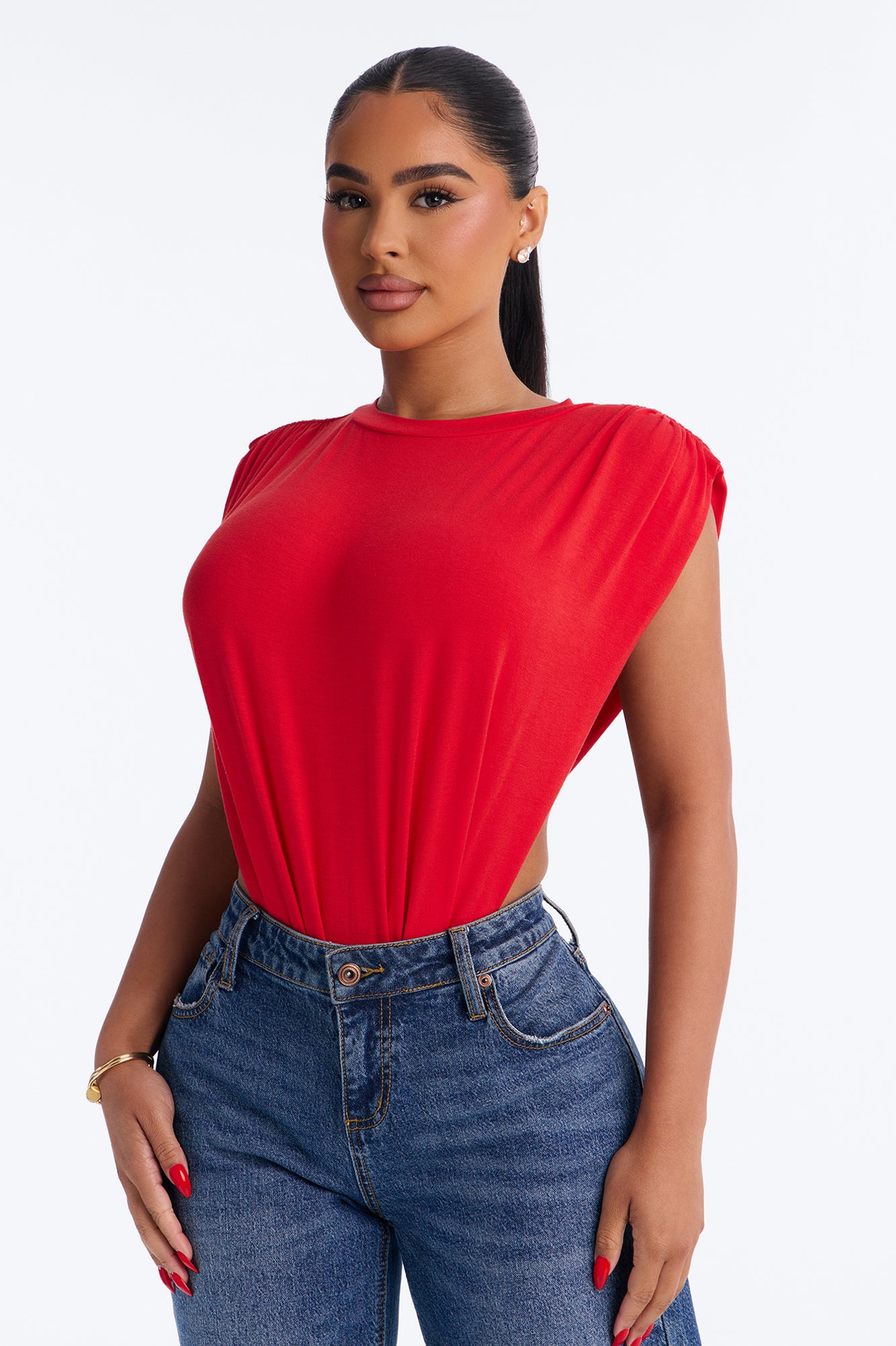 Open Concept Ruched Sleeveless Bodysuit - Red