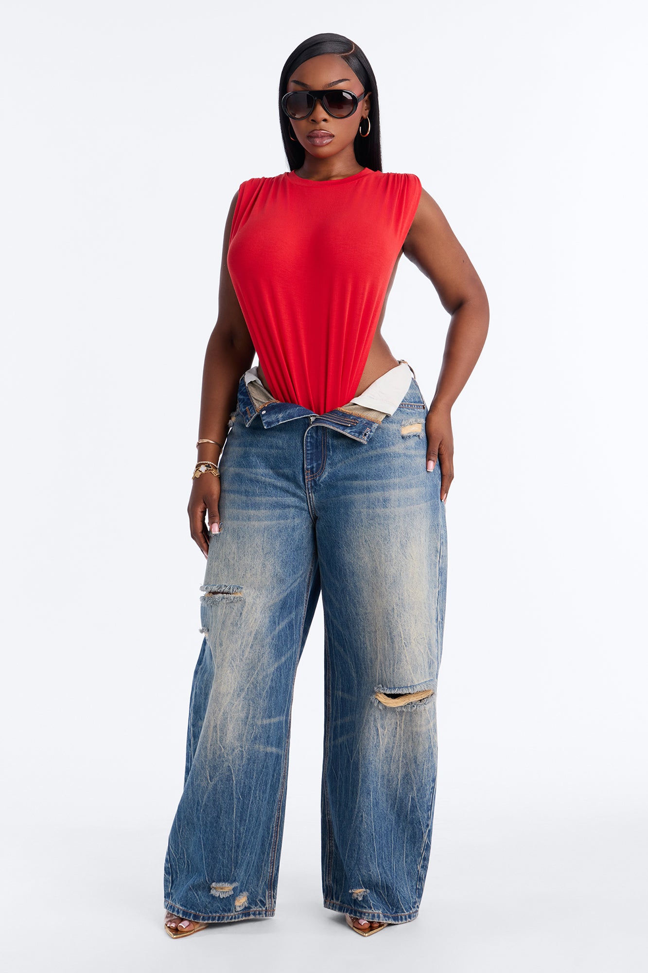 Open Concept Ruched Sleeveless Bodysuit - Red