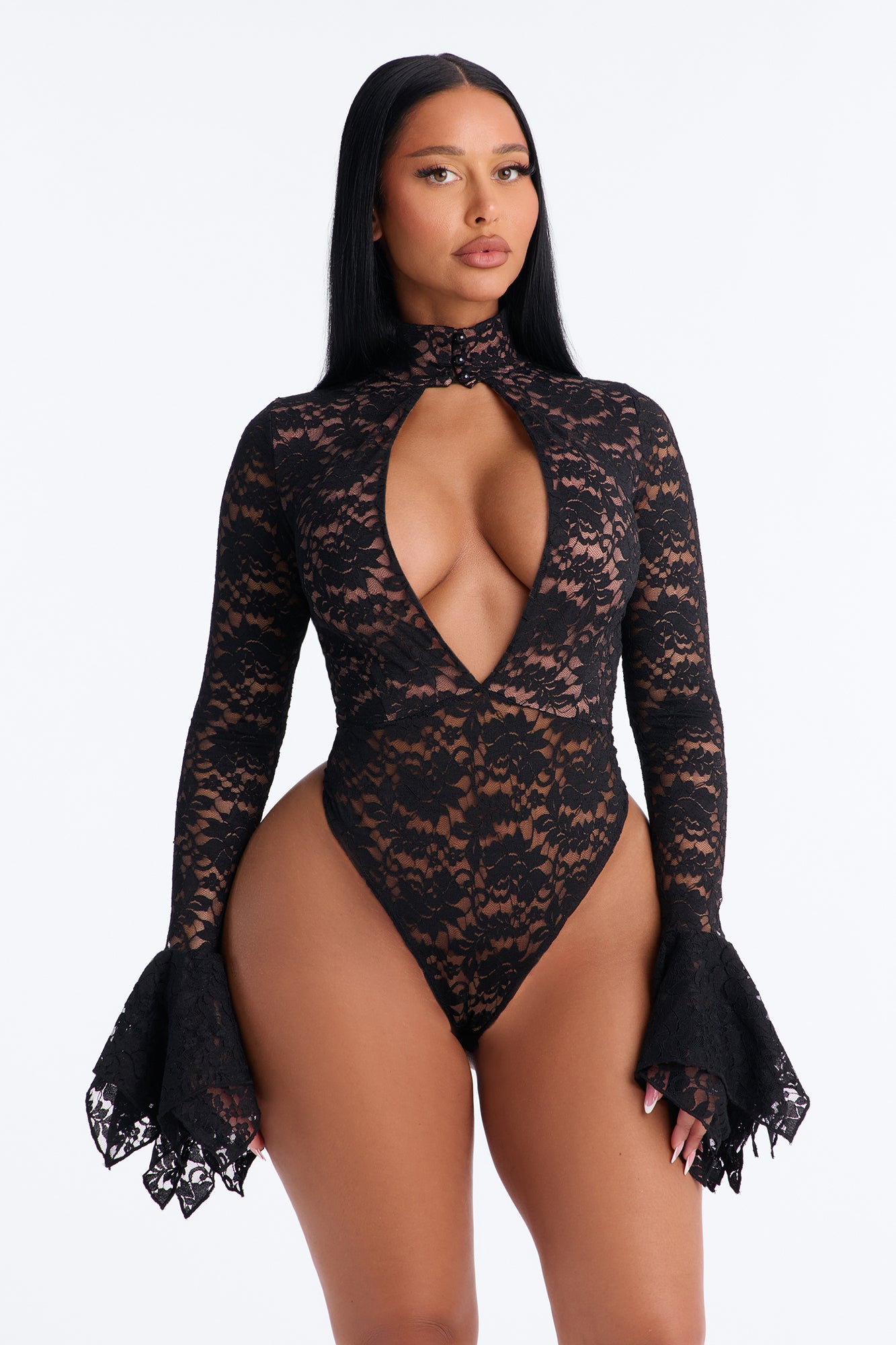 Katherine Cut Out Lace Bell Sleeve Bodysuit - Black