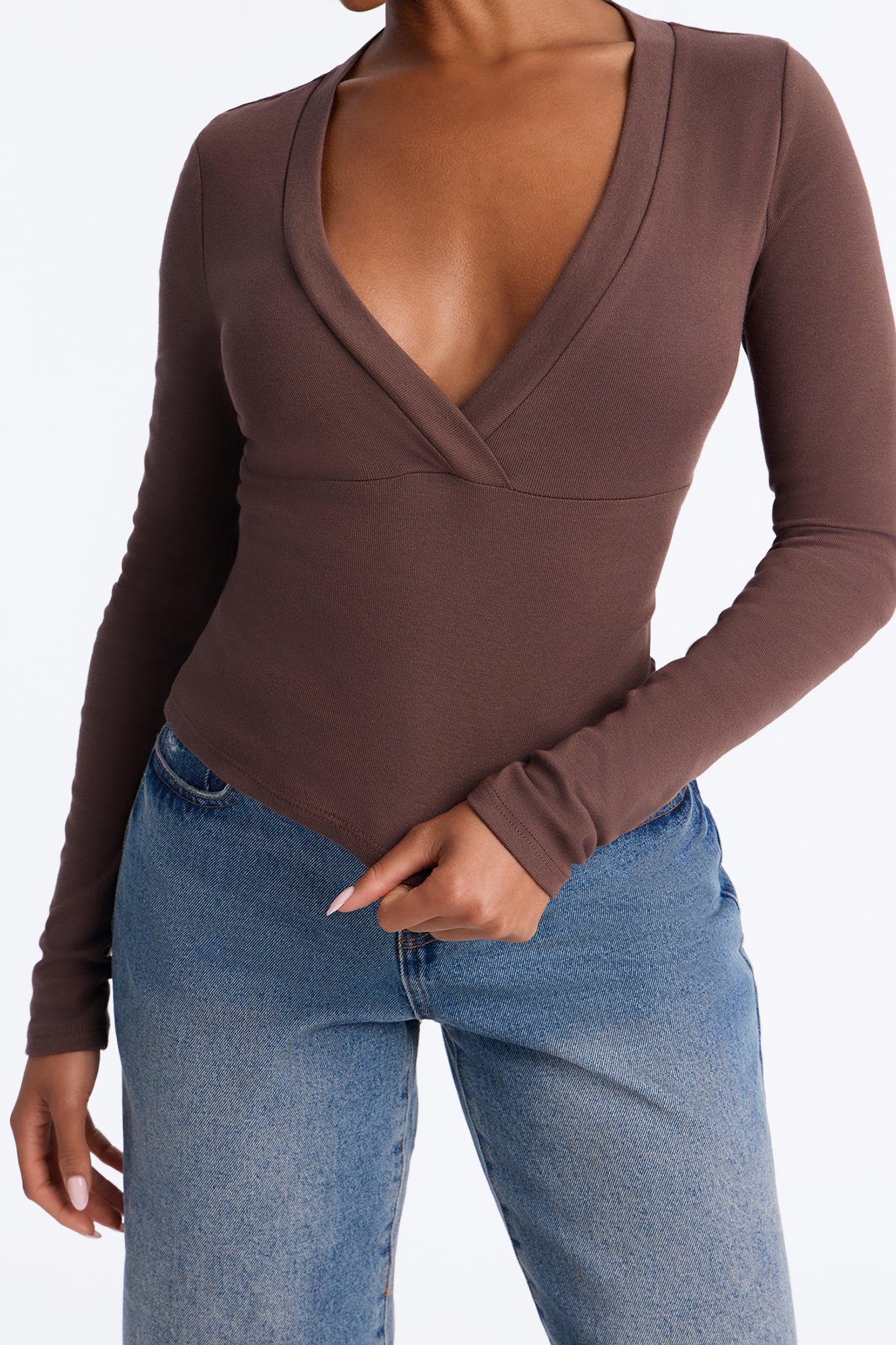 Kate Long Sleeve V-Neck Top - Chocolate