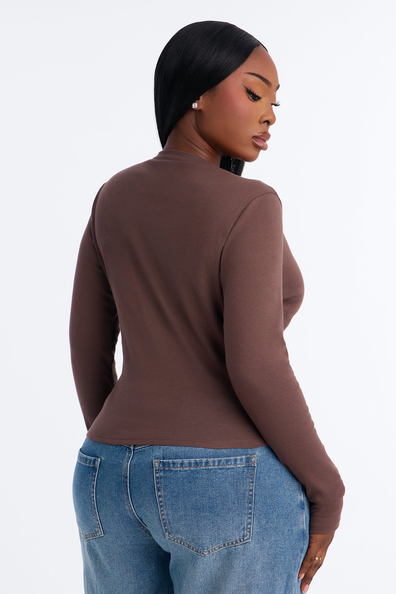 Kate Long Sleeve V-Neck Top - Chocolate