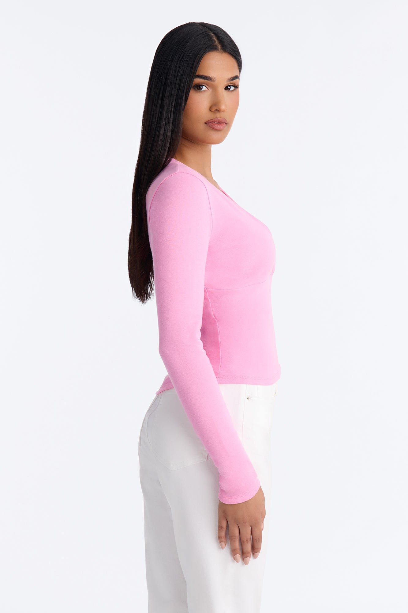 Kate Long Sleeve V-Neck Top - Pink