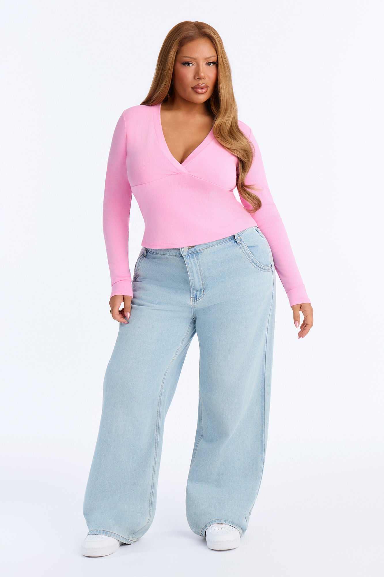 Kate Long Sleeve V-Neck Top - Pink