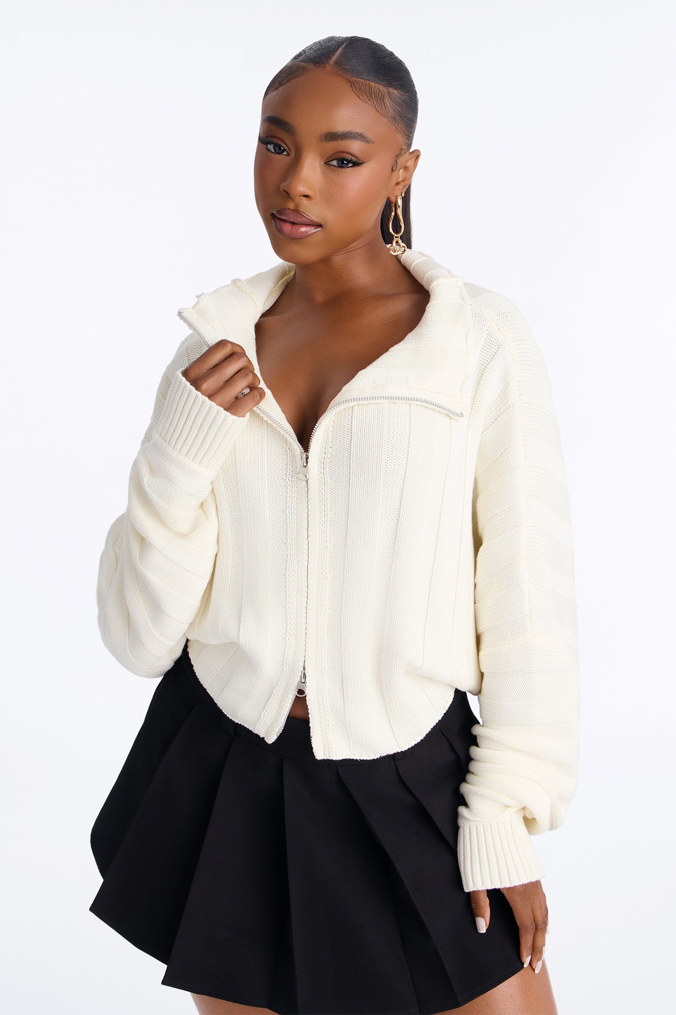 Cozy Girl Zip Front Cropped Cardigan Sweater - White