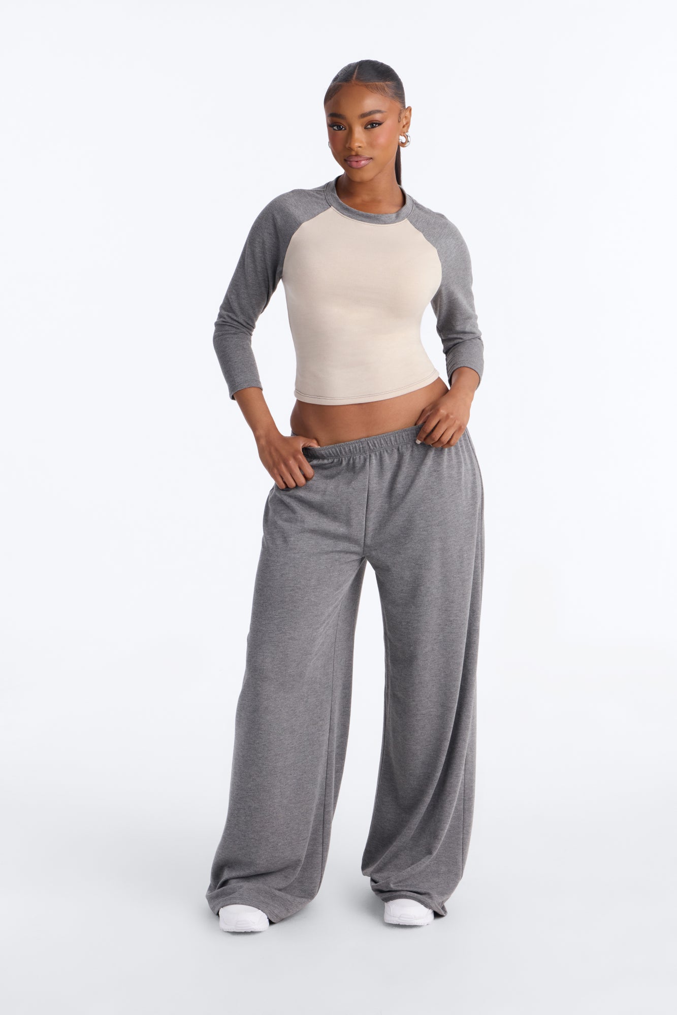 Raya 3/4 Sleeve Raglan Wide Leg Pant Set - Charcoal/combo