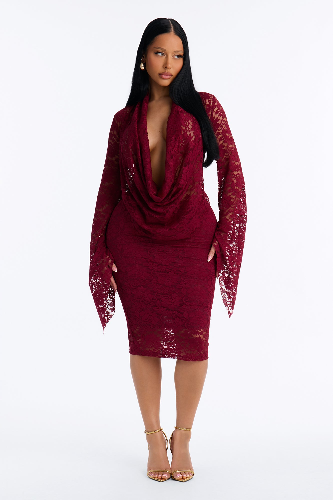 Mara Lace Cowl Midi Dress - Wine