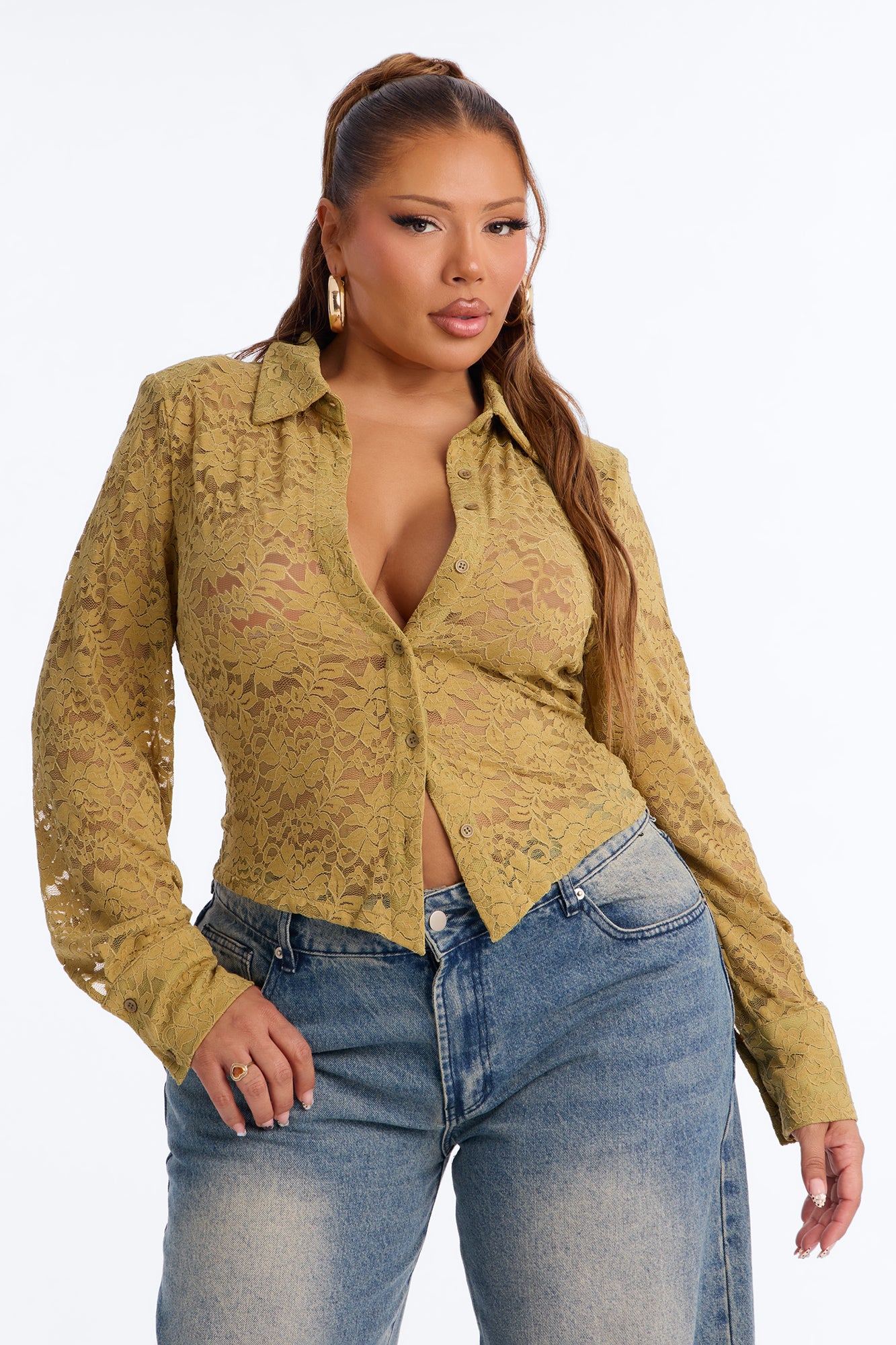 Lian Lace Padded Long Sleeve Button Up Shirt - Olive